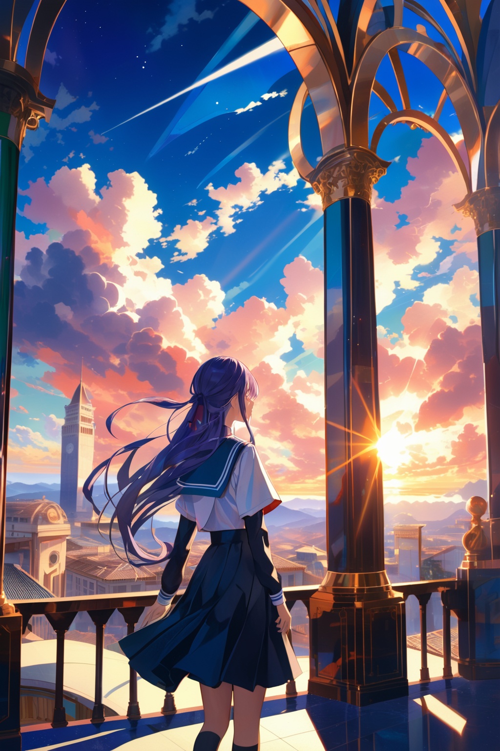 (Italian Futurism, Kuromicore:1.2),
scenery, background, masterpiece, best quality, aesthetic,
1girl, solo, school uniform, serafuku,
sunlight, light rays, day, shadow, dappled sunlight,
(casino:1.2), blue eyes, blue sky, building, cloud, cloudy sky, dress, from behind, hand up, long hair, long sleeves, outdoors, purple hair, sky, standing, sunset
