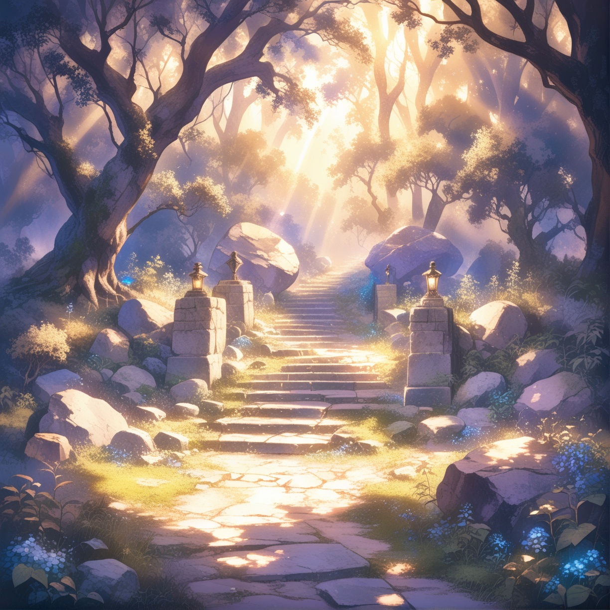 scenery, background, no humans, nature, tree, outdoors, stairs, forest, sunlight, bush, flower, grass, path, plant, day, light particles, rock, light rays, dappled sunlight, moss, blue flower ,
masterpiece, best quality, aesthetic