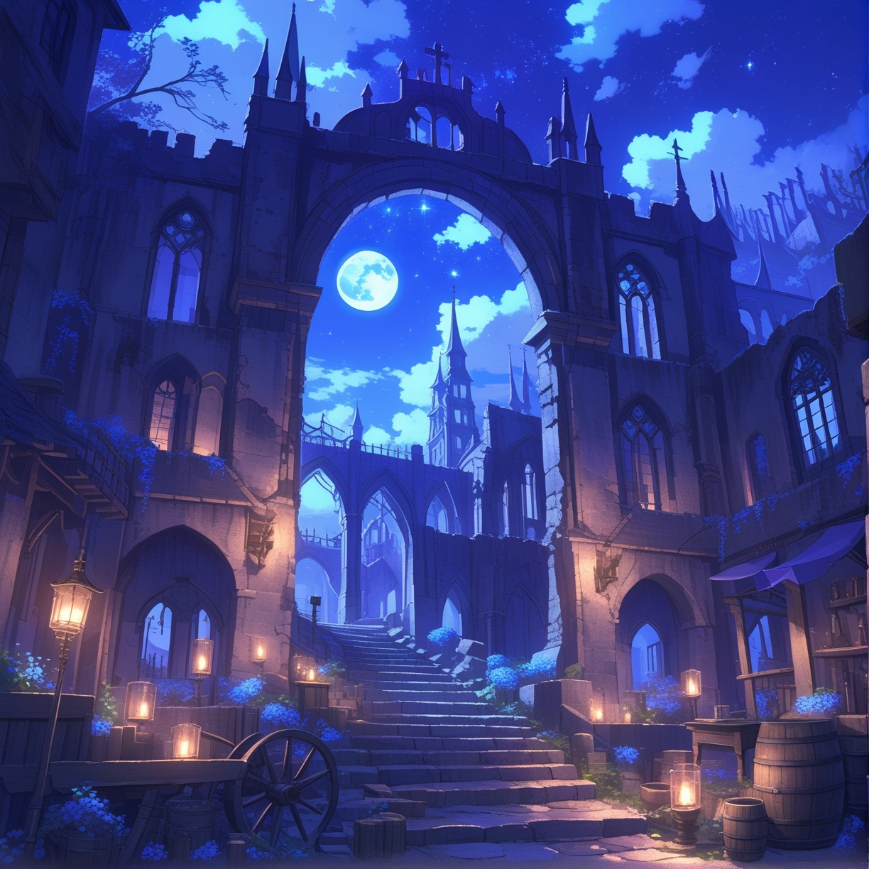scenery, background, moon, no humans, night, sky, outdoors, stairs, cloud, barrel, building, night sky, blue theme, plant, window, lantern, tree, flower, fantasy, star (sky), arch, lamppost, ruins, cloudy sky, city, starry sky, architecture, railing, house ,
masterpiece, best quality, aesthetic