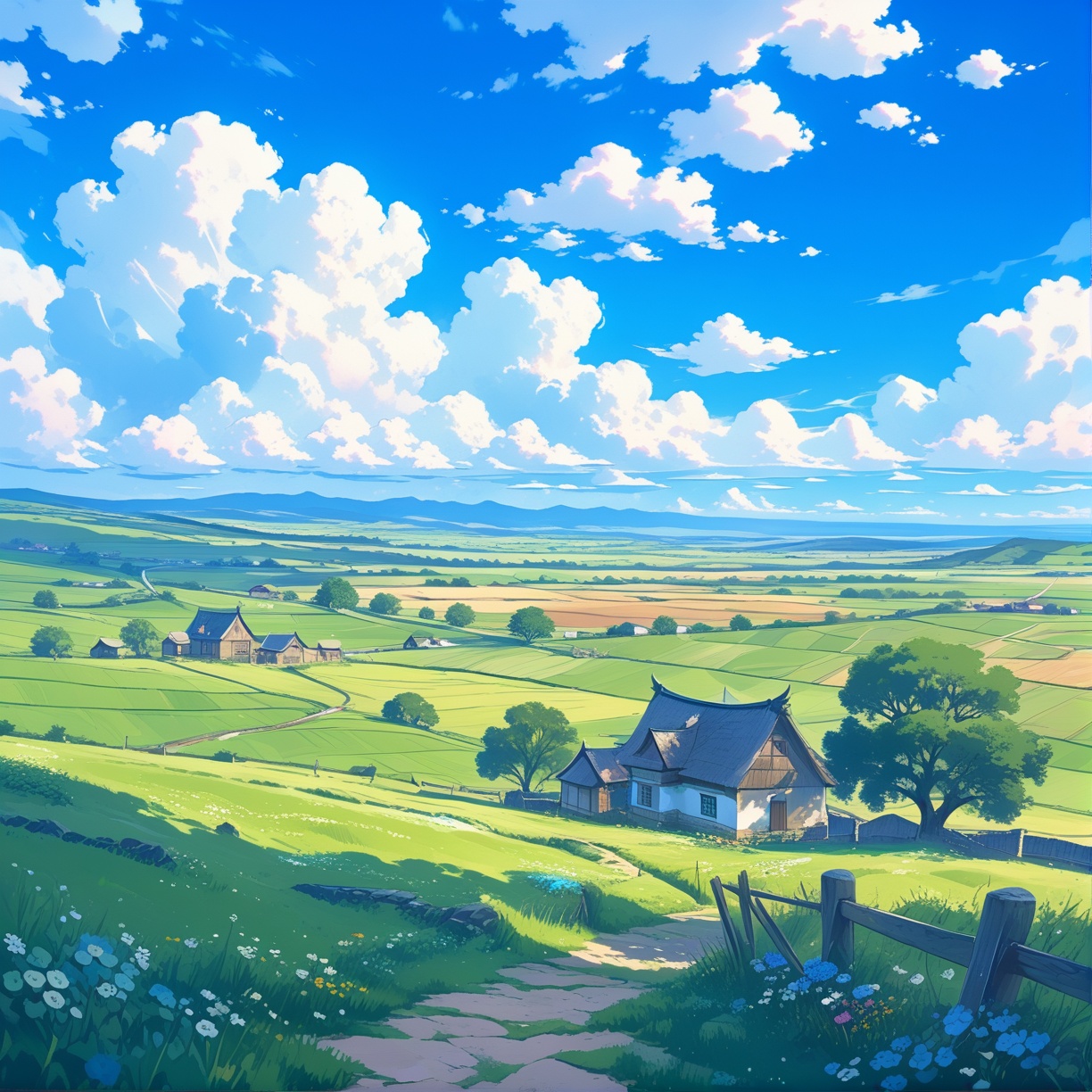 scenery, background, outdoors, cloud, sky, no humans, day, blue sky, grass, field, flower, house, landscape, cloudy sky, tree, nature, building, hill, mountain, horizon, cumulonimbus cloud, path, mountainous horizon,
masterpiece, best quality, aesthetic