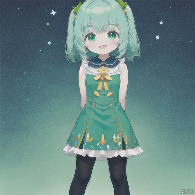 solo,smile,standing,arms behind back,green and blue theme,loli