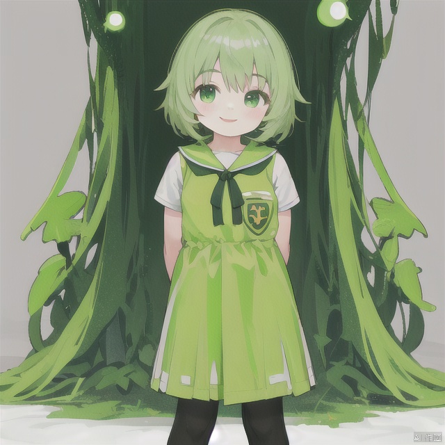 solo,smile,standing,arms behind back,green and yellow theme,loli