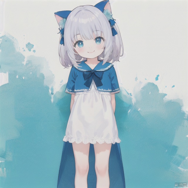 solo,smile,standing,arms behind back,blue theme,loli