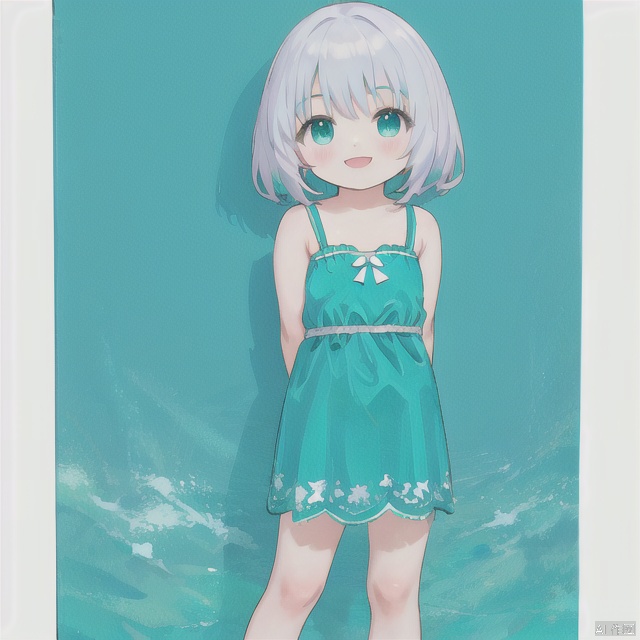 solo,smile,standing,arms behind back,aqua theme,loli