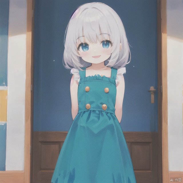 solo,smile,standing,arms behind back,blue theme,loli