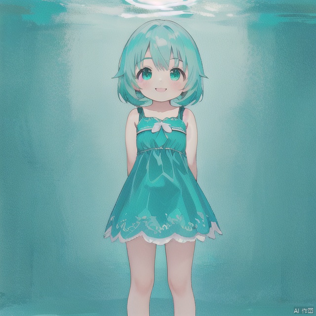solo,smile,standing,arms behind back,green and aqua theme,loli