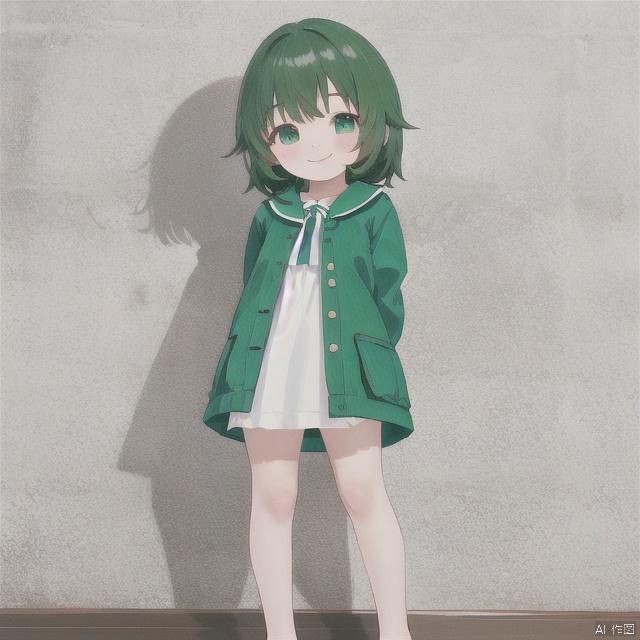 solo,smile,standing,arms behind back,green theme,loli