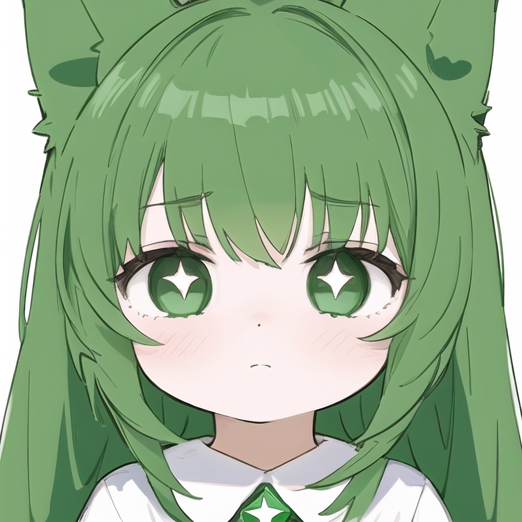 ((solo:1.2)),child,green and white accent color,wolf ears,star-shaped_pupils,frustrated,kubrick_stare,portrait,simple_background,masterpiece,best quality,