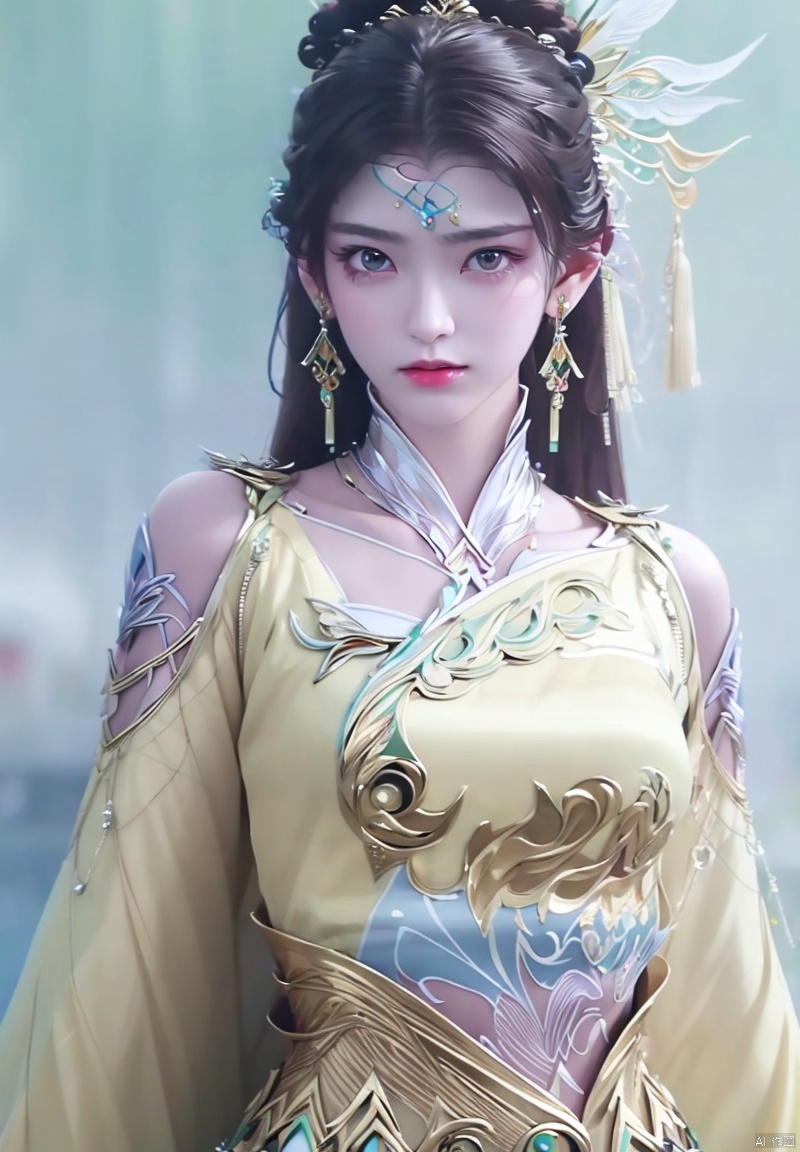 1girl, solo, long hair, looking at viewer, black hair, hair ornament, dress, jewelry, upper body, earrings, expressionless