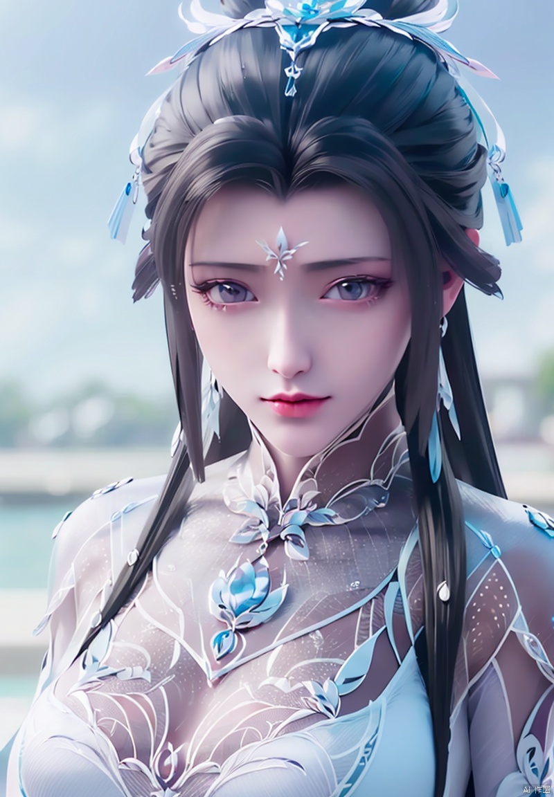 1girl, solo, long hair, black hair, hair ornament, dress, jewelry, A girl,
A large chest,Wide chest,Cleavage of breast,bikini,
, upper body, hair bun, white dress
, blue sky, expressionless, forehead mark, houtufeng,