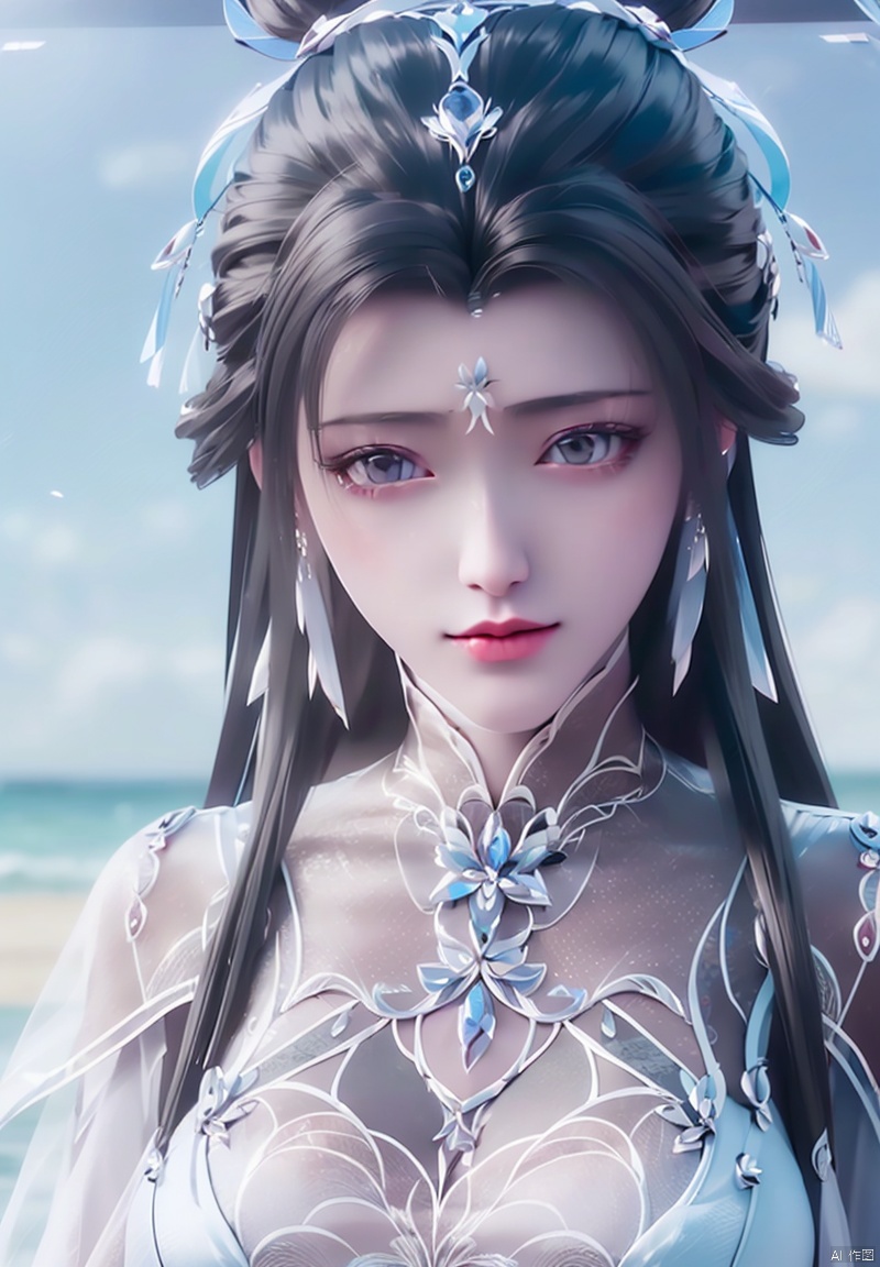 1girl, solo, long hair, black hair, hair ornament, dress, jewelry, A girl,
A large chest,Wide chest,Cleavage of breast,bikini,
, upper body, hair bun, white dress
, blue sky, expressionless, forehead mark, houtufeng,