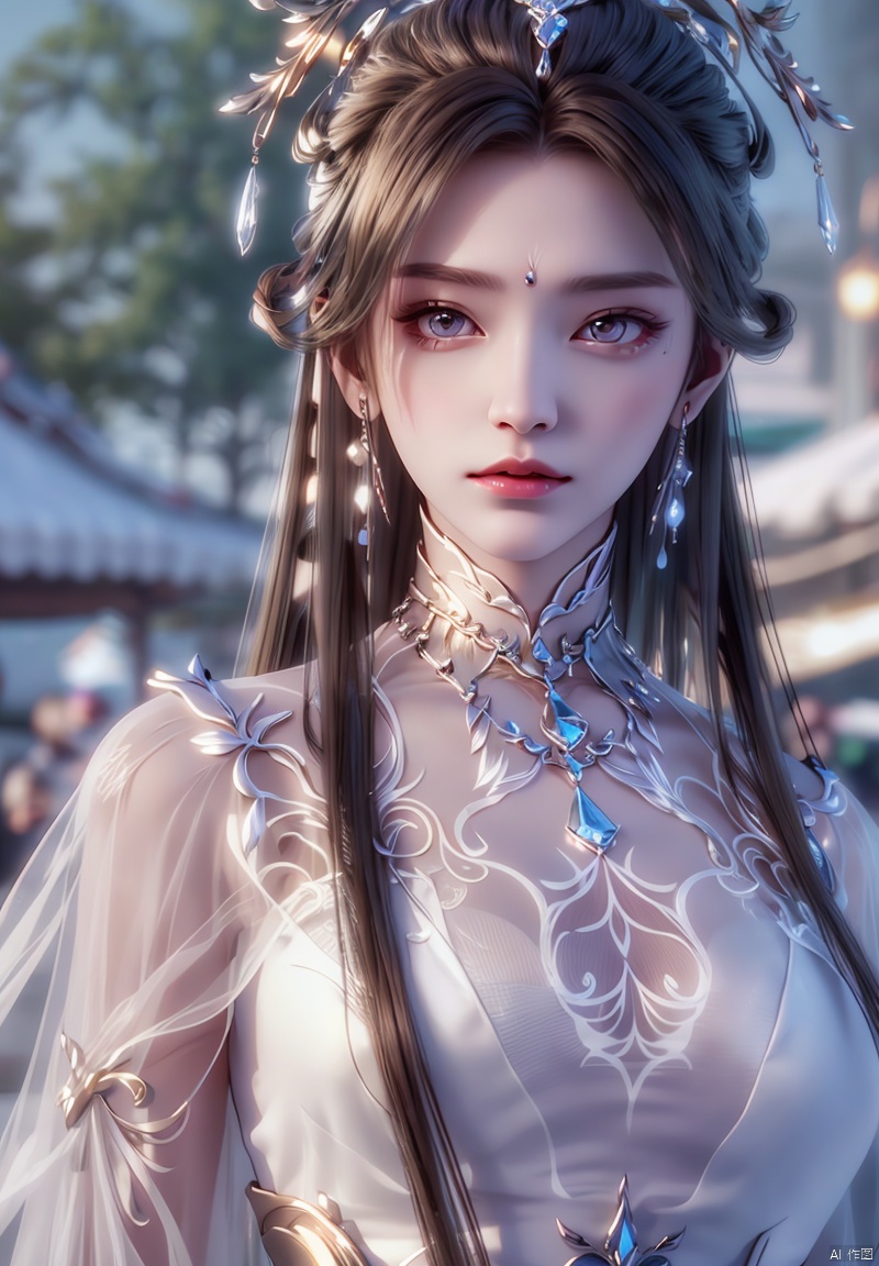 1girl, solo, long hair, looking at viewer, brown hair, hair ornament, dress, jewelry, closed mouth,
, earrings, white dress, blurry, blurry background, the whole body,
expressionless, forehead mark, houtufeng,