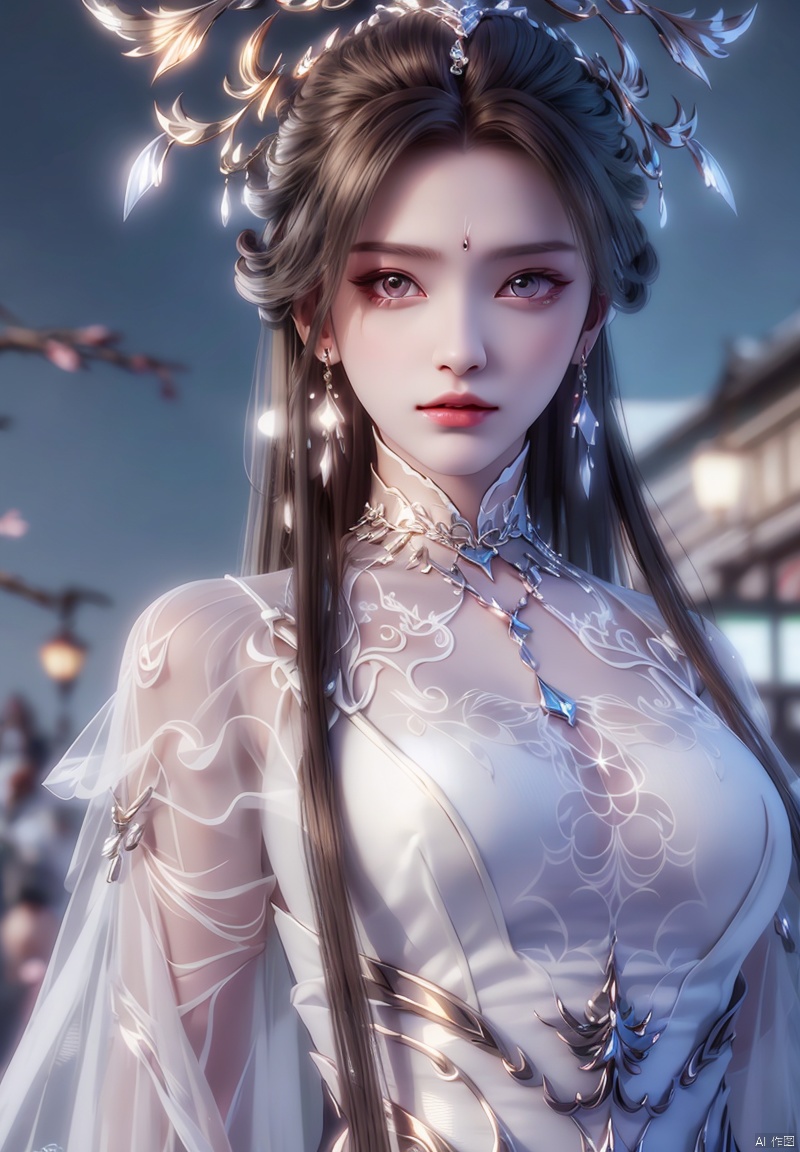 1girl, solo, long hair, looking at viewer, brown hair, hair ornament, dress, jewelry, closed mouth,
, earrings, white dress, blurry, blurry background, the whole body,
expressionless, forehead mark, houtufeng,