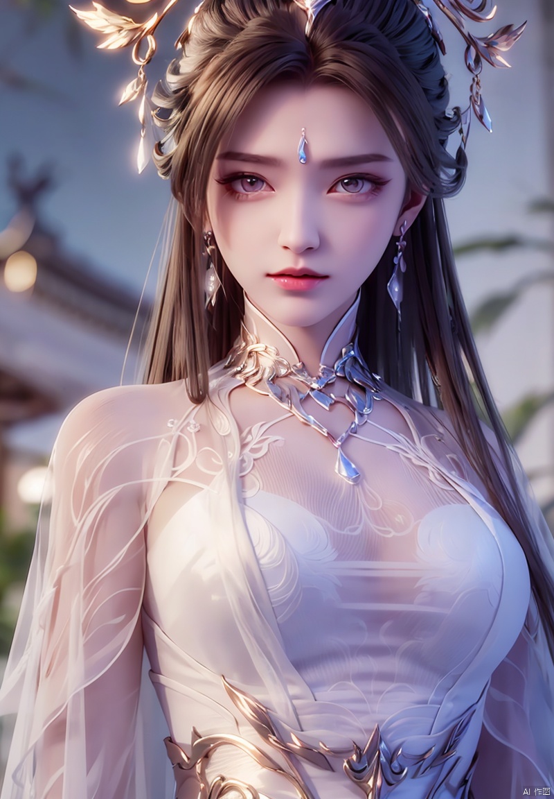 1girl, solo, long hair, looking at viewer, brown hair, hair ornament, dress, jewelry, closed mouth,
, earrings, white dress, blurry, blurry background, the whole body,
expressionless, forehead mark, houtufeng,