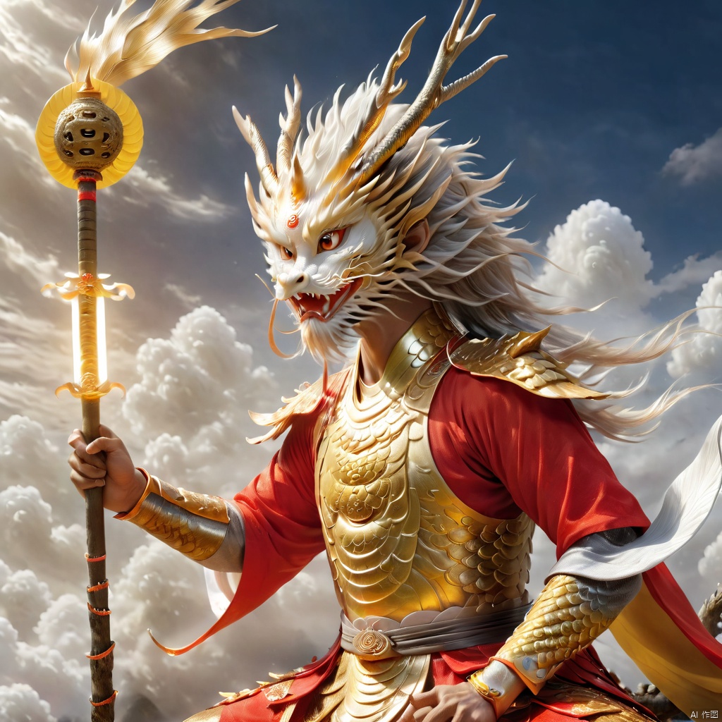 West Journey Style, back view of Sun Wukong wearing white red and golden armor with red cape  holding a glowing golden stick weapon in his hands, facing off against a giant golden Chinese mythological budda god from Journey to the West, dynamic poses, highly detailed, ultra-high resolutions, 32K UHD, best quality, masterpiece, a  eastern_dragon entrenched around him
He stood on the clouds, staring at the giant golden Chinese mythological budda god,loong, shanhaijing