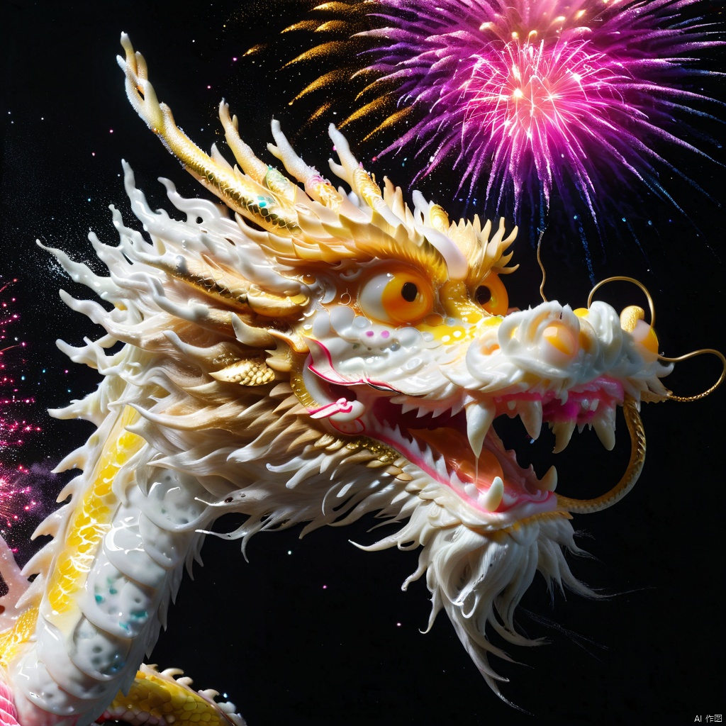 Texture frosted,a lovely Chinese dragon dance, dragon head close-up,colorful light and shadow, brilliant fireworks, wave dots, fluorescent pink gold, amazing masterpiece,ultra-high definition, rich color, feline,painting,Mr.,Brainwash,artistic conception ink and wash,dissolved and disappeared into particles,semitransparent fluorescence,luminescent particles, glow, loong, ral-friedegg