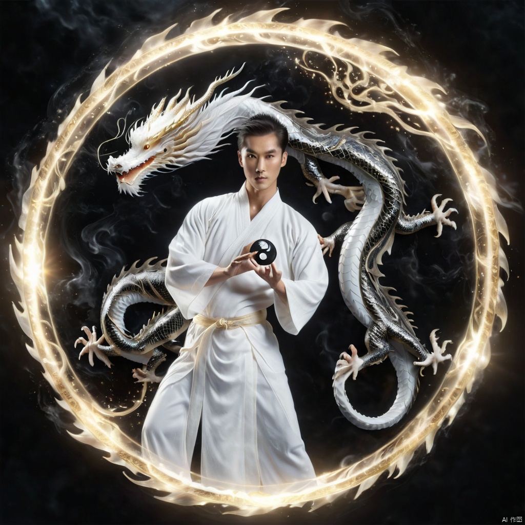 Martial Art Style,Natural Order Style,a handsome young man in a white robe,summon 1 black transparent chinese dragons around,summon 1 white transparent chinese dragon entrenched around,(Yin-Yang symbol/Yin-Yang magic circle:2),glowing spiritual transparent animal,(using magic power:0.8),(glowing black and white chinese text:1.4),(casting glowing Chinese magic spell:0.7),VFX,(special effects:1.3),(glowing energy effects:0.8),Unreal Engine 5 render,dynamic movements,highly detailed,32K UHD,best quality,masterpiece,close-up,upper_body,game cg,Cinematic Lighting,reality,,realistic,,,loong
