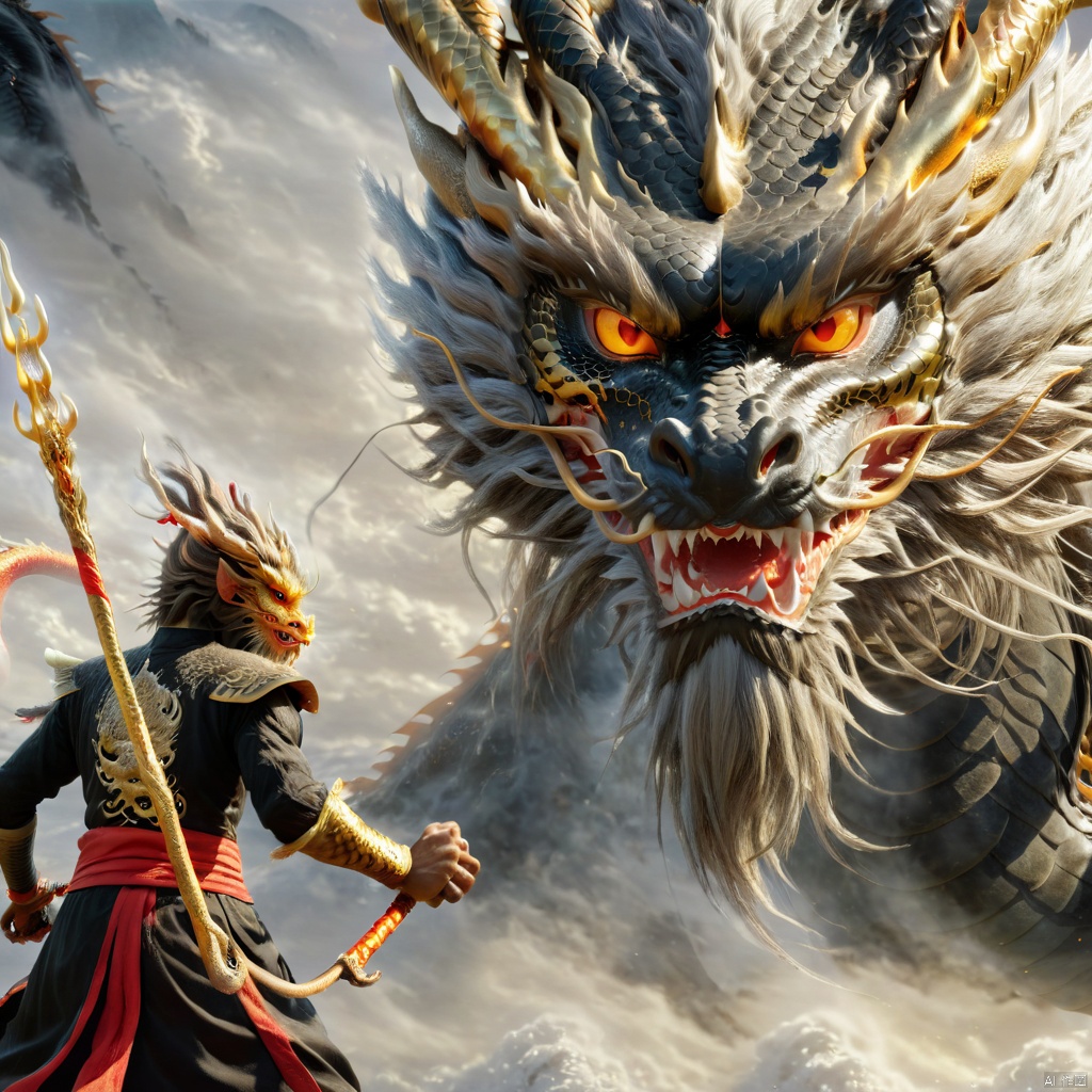  West Journey Style,close-up shot back view of Sun Wukong wearing black robe holding a golden stick weapon facing off against a giant beast-like eastern_dragon with glowing red eyes from Journey to the West,dynamic poses,highly detailed,ultra-high resolutions,32K UHD,best quality,masterpiece,loong
