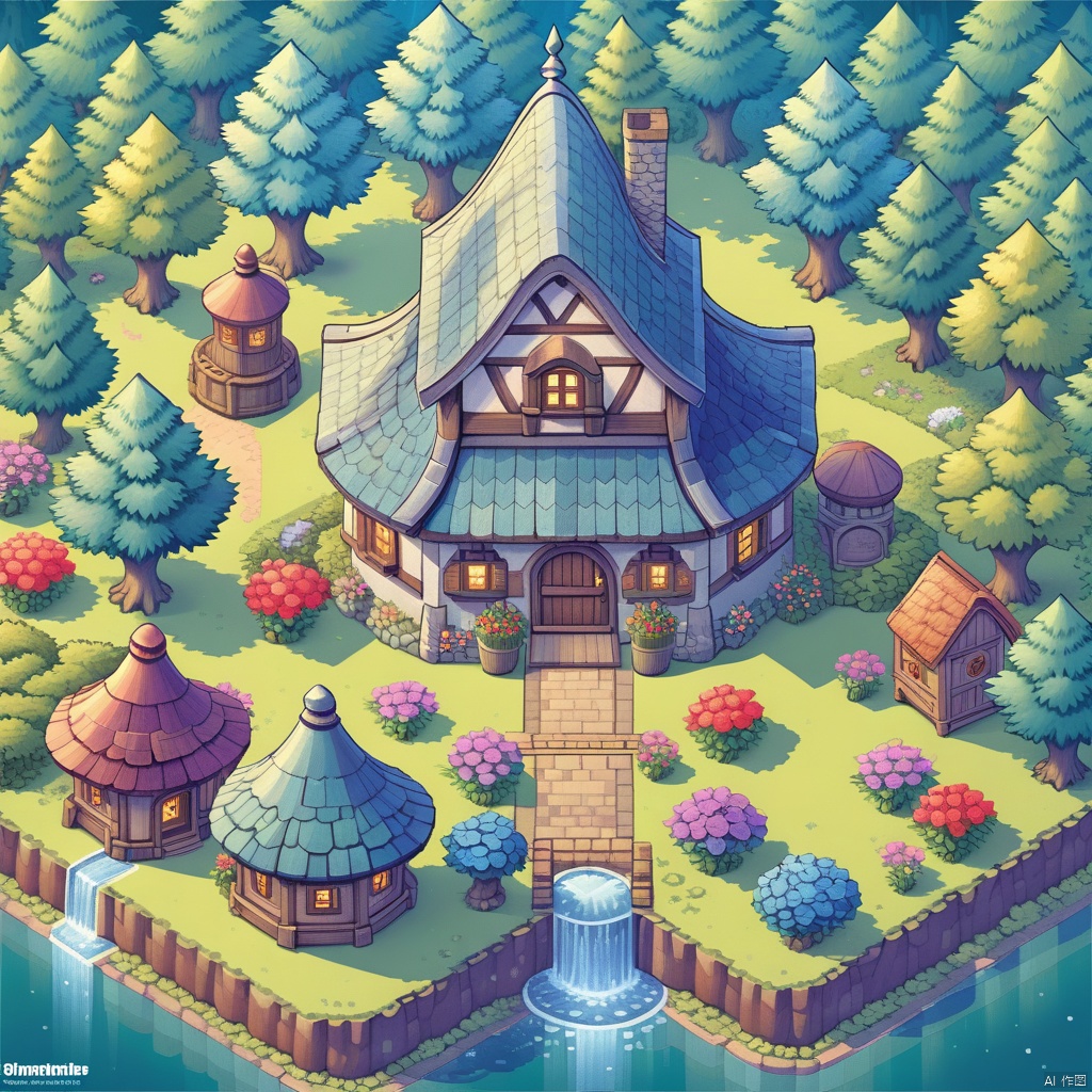 isometric illustration of a fantasy-looking cottage in a forest scenery