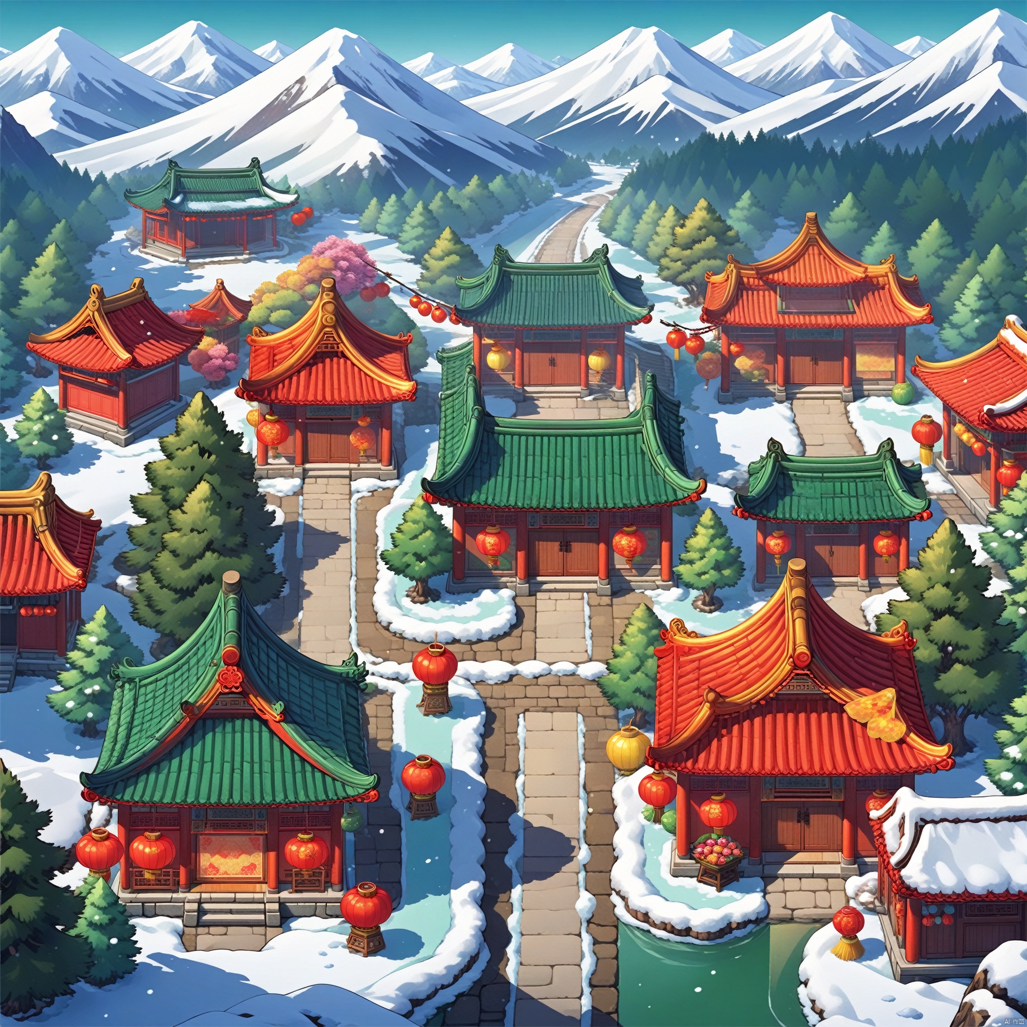  Masterpiece, best quality, HD, Chinese New Year, Spring Festival, outdoors, food, trees, no people, Windows, candy, nature, scenery, snow, forest, mountain, house, pine tree, candy cane, chimney, pine tree, candy, cake, Tender green grass, tender green leaves