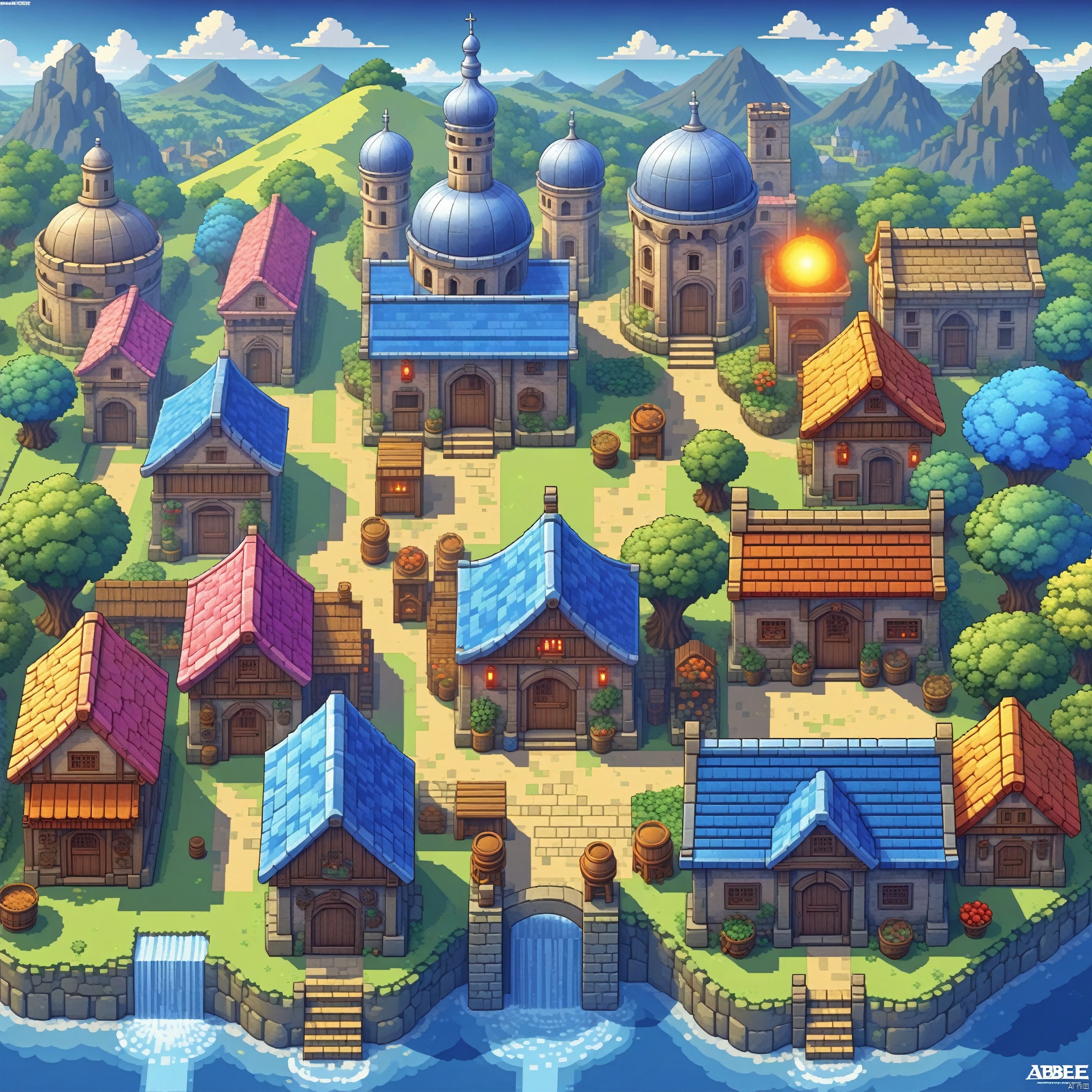 Countryside, a vibrant one, with all kinds of magical plants glowing in the background of the village old buildings, illustrated, 3d, cartoon, high resolution, high quality, detailed, masterpiece, hdr, sharp, [pixel art style], [Abebe style], amazing, beautiful, amazing, amazing, brilliant, incredible,