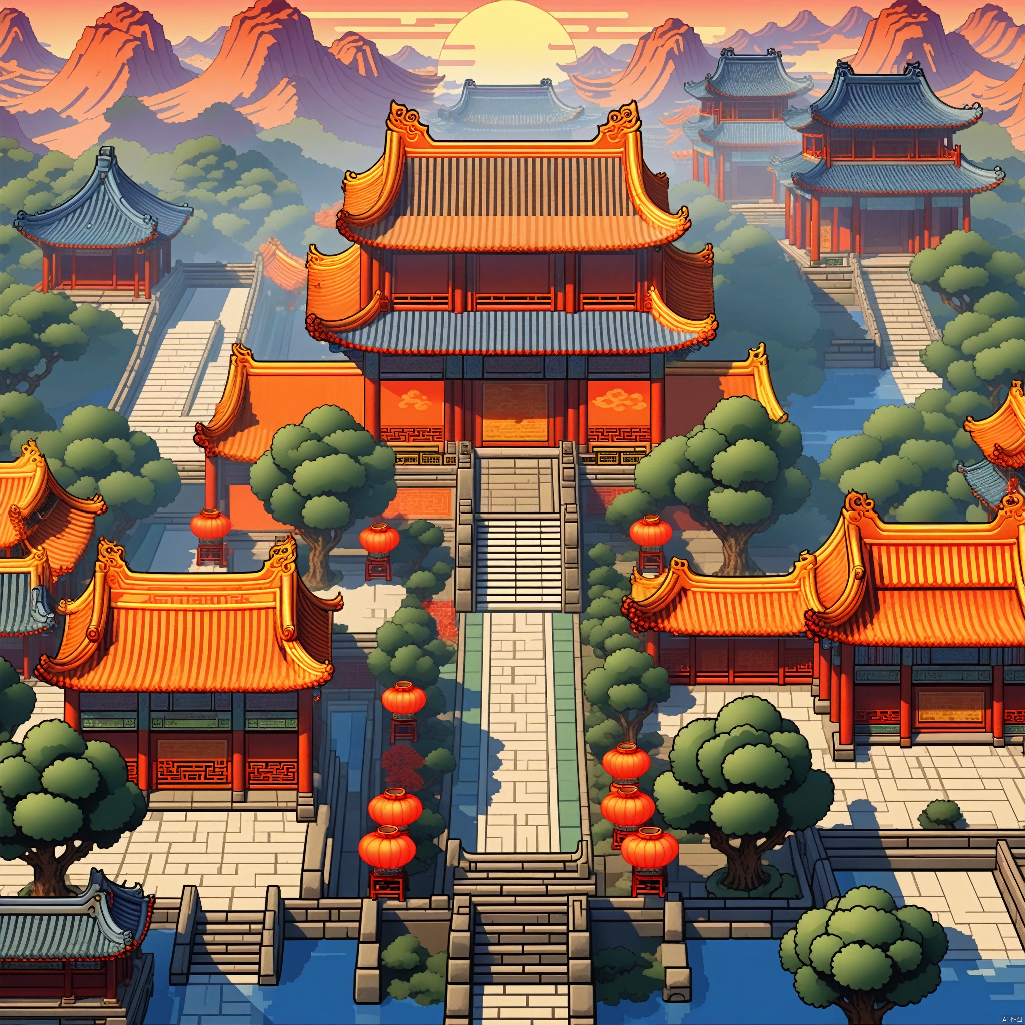 Tang Dynasty of China, a vibrant, there are all kinds of amazing plants in the glow, the background is Tang Dynasty architecture of China, illustrated, 3d, cartoon, high resolution, high quality, detailed, masterpiece, hdr, sharp, [pixel art style], [Abebe style], amazing, beautiful, amazing, amazing, brilliant, incredible,