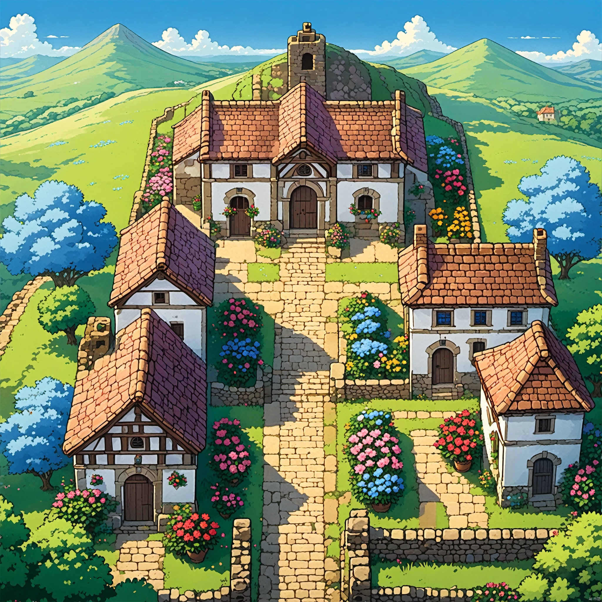 flower, outdoors, sky, day, cloud, tree, blue sky, no humans, window, grass, plant, building, scenery, stairs, mountain, door, road, bush, house, path, chimney