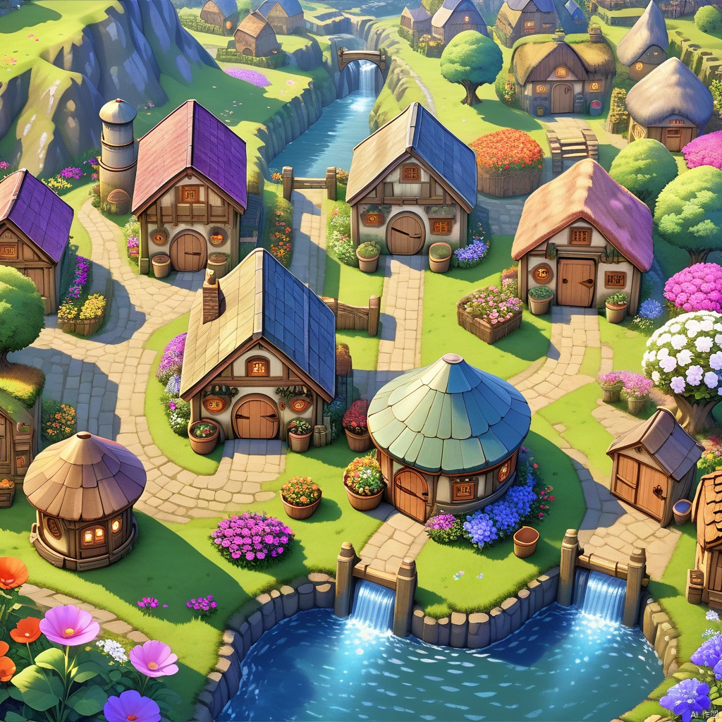  photorealism, intricate details, extremely detailed, masterpiece, masterpiece, intricate, best quality, hires textures, high detail, incredibly detailed, Cinematic Lighting riverside hobbit village full of farms and hobbits with gardens and flowers intricately detailed, true masterpiece, UHD vibrant neon, studio quality Overall Detail
