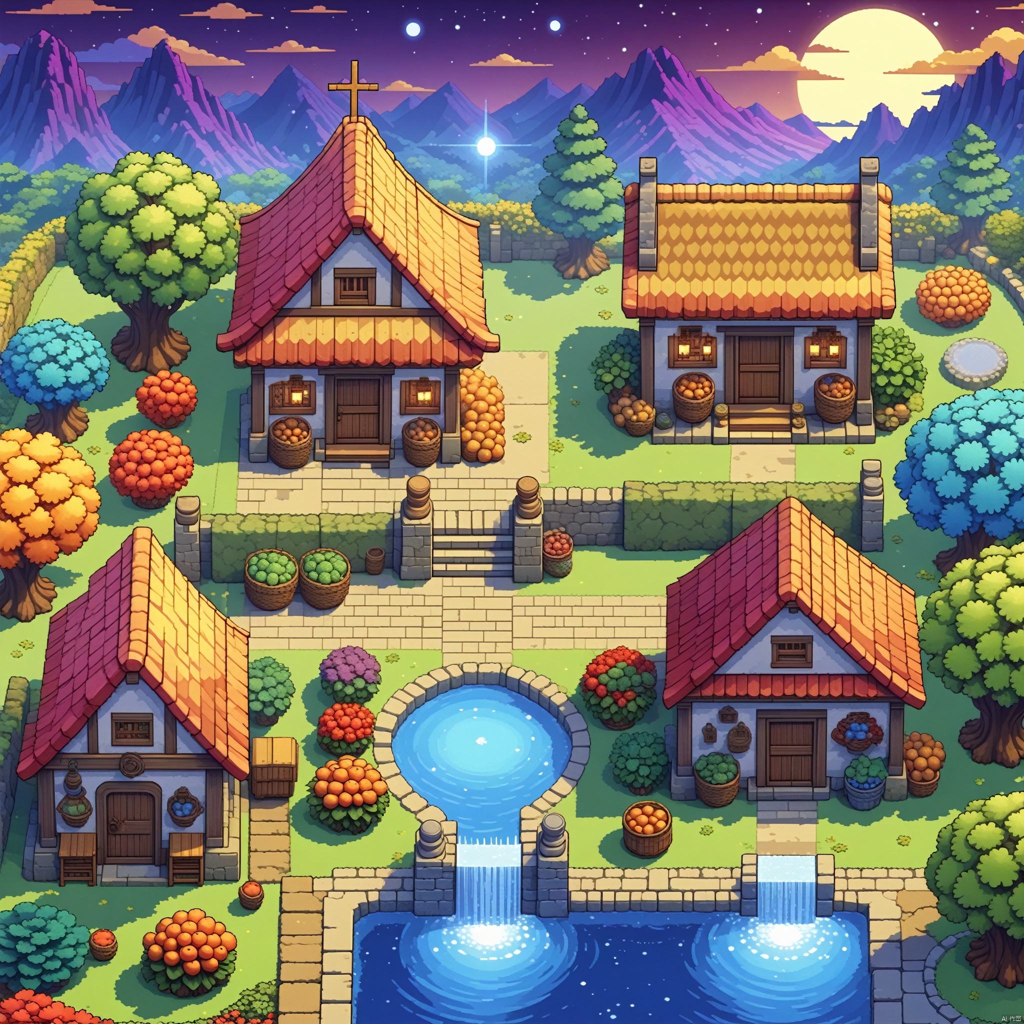 Autumn, the harvest season, a vibrant, charming garden with all kinds of magical plants glowing in the moonlight, with an antique stone cottage in the background. , Illustrated, 3d, Cartoon, High resolution, High quality, Detailed, Masterpiece, hdr, Sharp, [Pixel art style], [Abebe style], amazing, beautiful, amazing, brilliant, incredible,