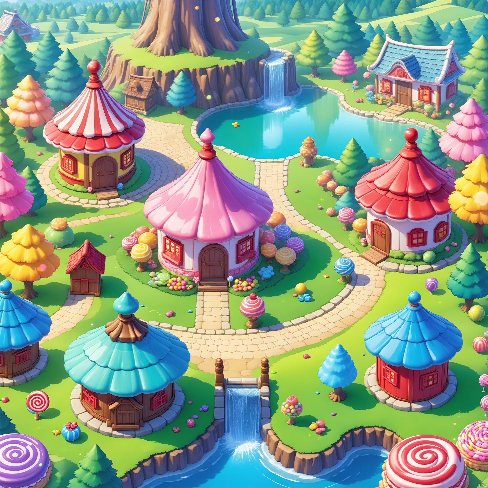  (((Masterpiece))),((Best Quality))),((official art,)),((from above:1.4)),(House, candy house:1.3),chocolate,lollipop,sweets,cookies,cakes,desserts,fairy tale world,(Forests, woods, trees, meadows:1.2),outdoors,day,(Colorful/candy color theme:1.2), Masterpiece, best quality, HD, 3d, Candy House,彩色棒棒糖,曲奇,蛋糕,蘑菇房屋
