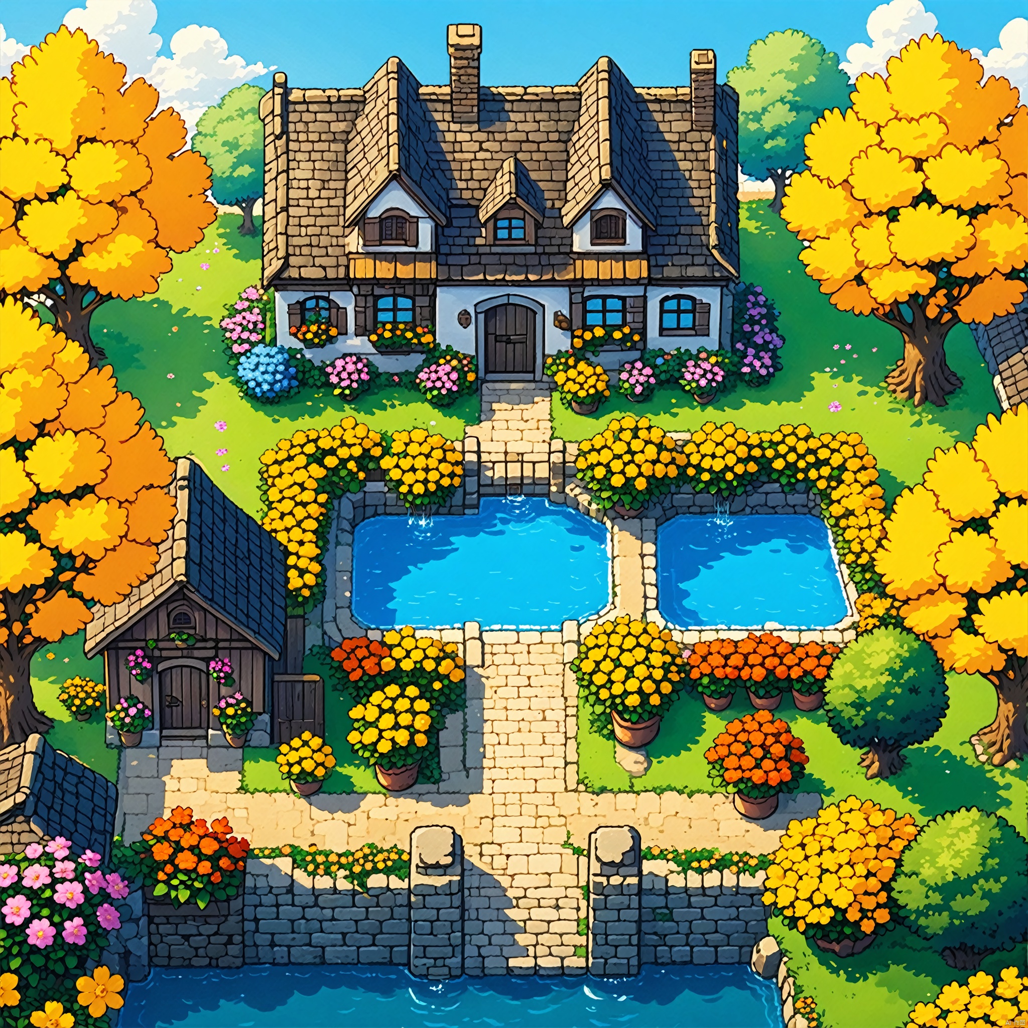  flower, outdoors, day, water, tree, no humans, window, grass, plant, building, scenery, stairs, yellow flower, fence, door, potted plant, bush, house, orange flower, pond, garden, chimney, HD, best quality, 16k