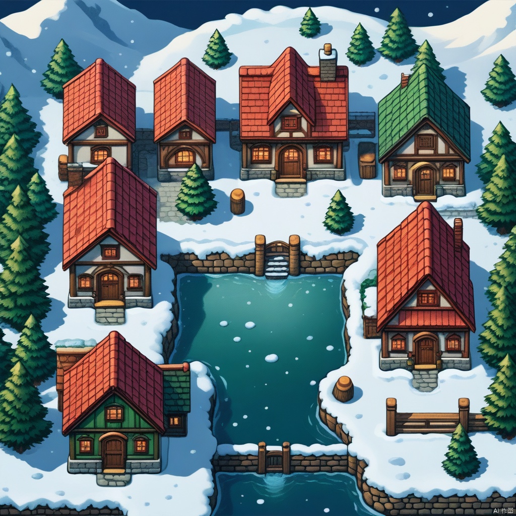  Outdoor, water, trees, no people, Windows, buildings, scenery, snow, snow, doors, house, chimney, HD, best quality, 16k