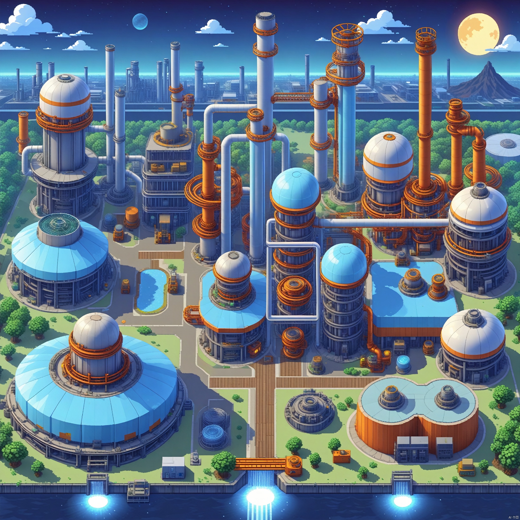 Future Industrial zone, a vibrant one with all kinds of magical plants glowing in the moonlight, with a modern industrial park in the background. , Illustrated, 3d, Cartoon, High resolution, High quality, Detailed, Masterpiece, hdr, Sharp, [Pixel art style], [Abebe style], amazing, beautiful, amazing, brilliant, incredible,