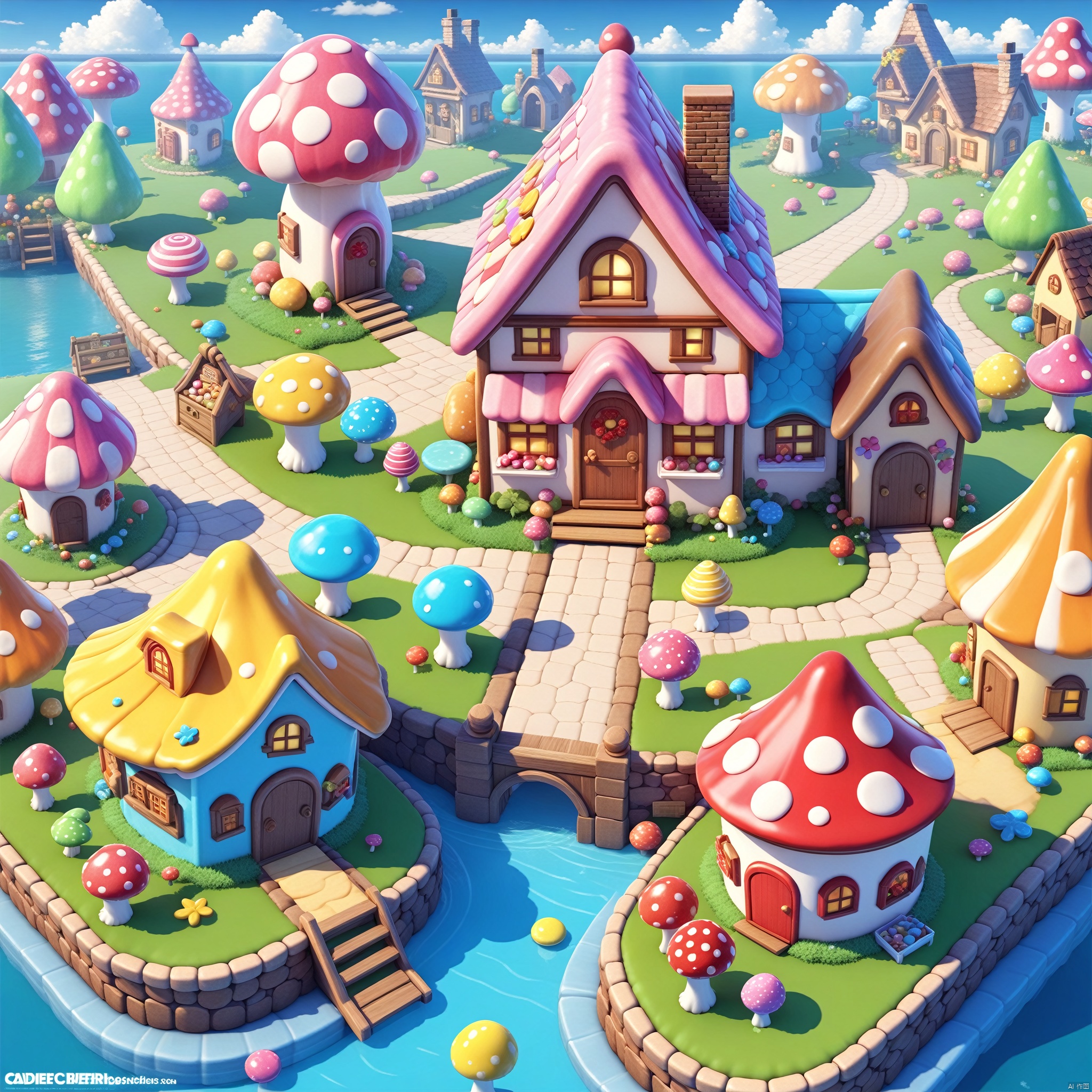 Masterpiece, best quality, HD, 3d, Candy House, Colored lollipops, cookies, cakes, Mushroom House