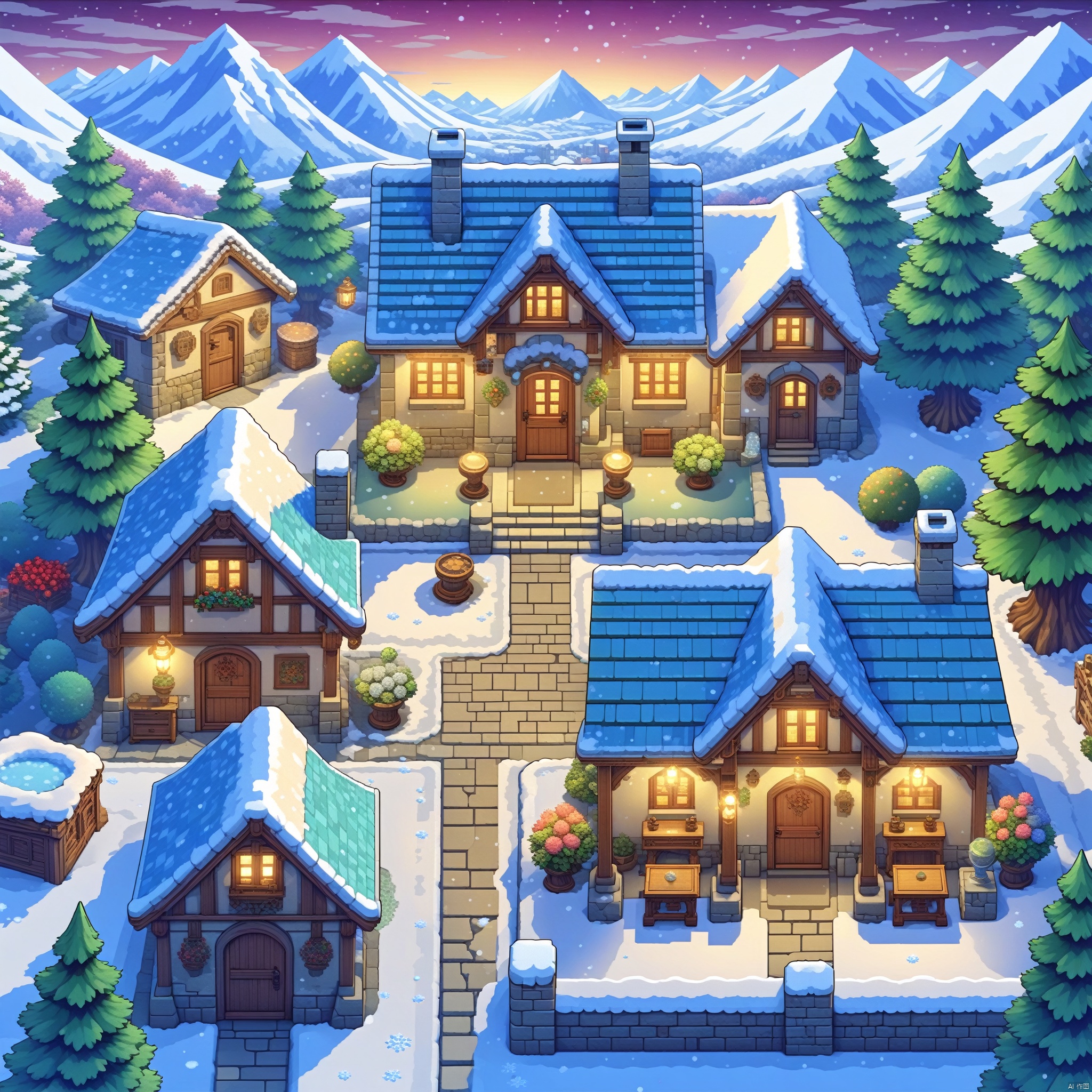 In winter, snow, snow on the roof, a vibrant, charming garden with all kinds of magical plants glowing in the moonlight, with an antique stone cottage in the background. , Illustrated, 3d, Cartoon, High resolution, High quality, Detailed, Masterpiece, hdr, Sharp, [Pixel art style], [Abebe style], amazing, beautiful, amazing, brilliant, incredible,