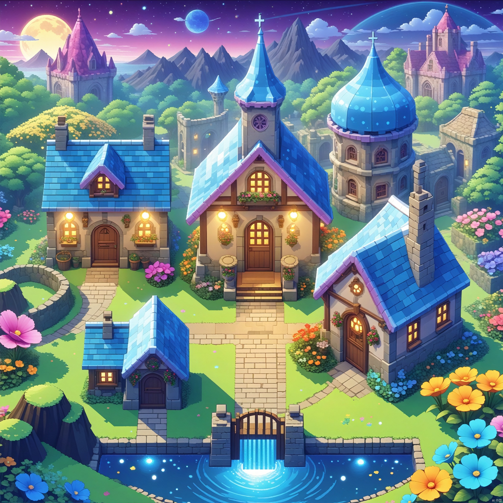  A vibrant, enchanted garden with a variety of magical flora glowing under the moonlight, with a quaint stone cottage in the background., illustration, 3d, cartoon,high resolution, high quality, detailed, masterpiece, hdr, sharp,[Pixel Art style],[ abbe bi style], amazing, beautiful, breathtaking, astonishing, brilliant, incredible,