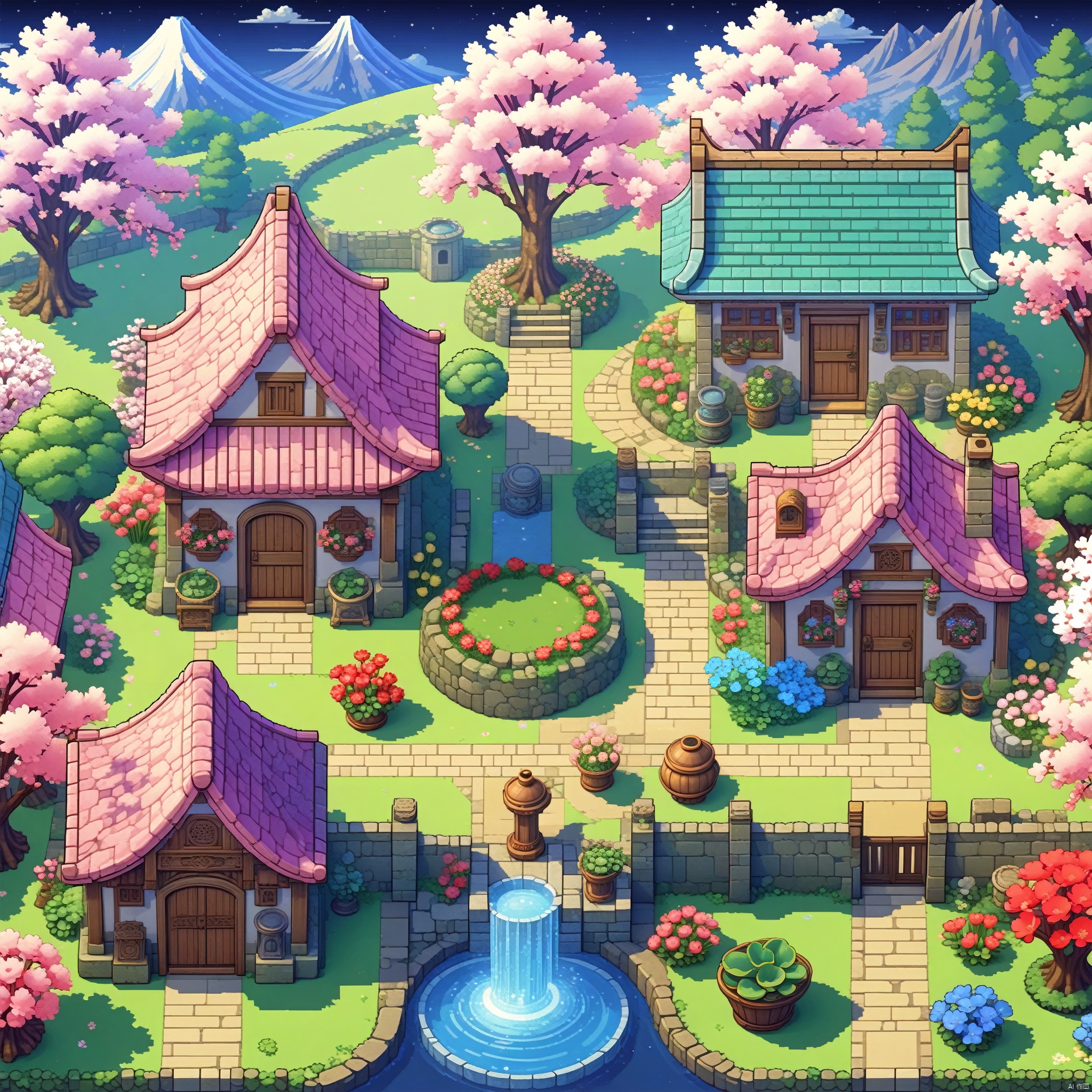 Spring, new shoots, the beauty of early spring, a vibrant, charming garden with all kinds of magical plants glowing in the moonlight, with an antique stone cottage in the background. , Illustrated, 3d, Cartoon, High resolution, High quality, Detailed, Masterpiece, hdr, Sharp, [Pixel art style], [Abebe style], amazing, beautiful, amazing, brilliant, incredible,