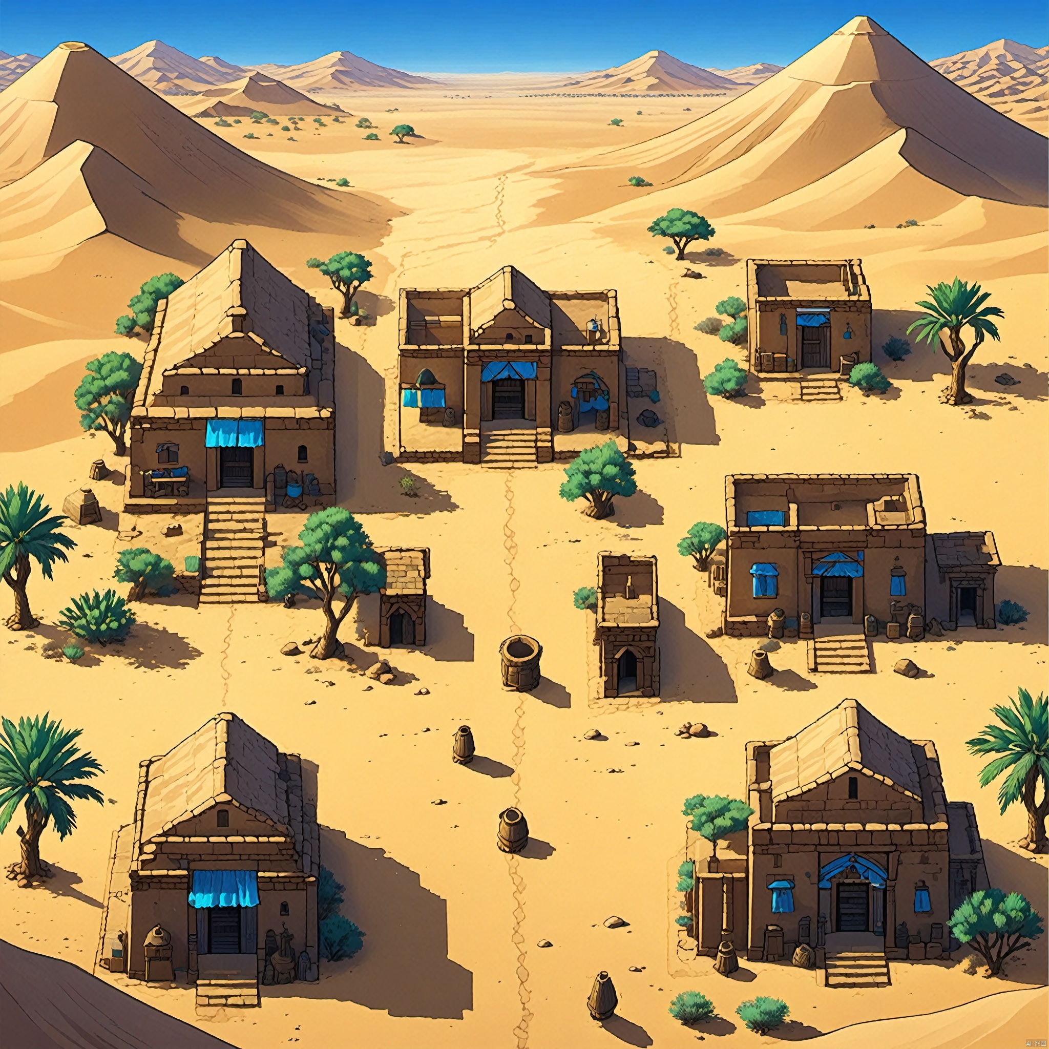 outdoors, sky, day, tree, blue sky, no humans, window, building, scenery, mountain, sand, door, road, house, path, desert