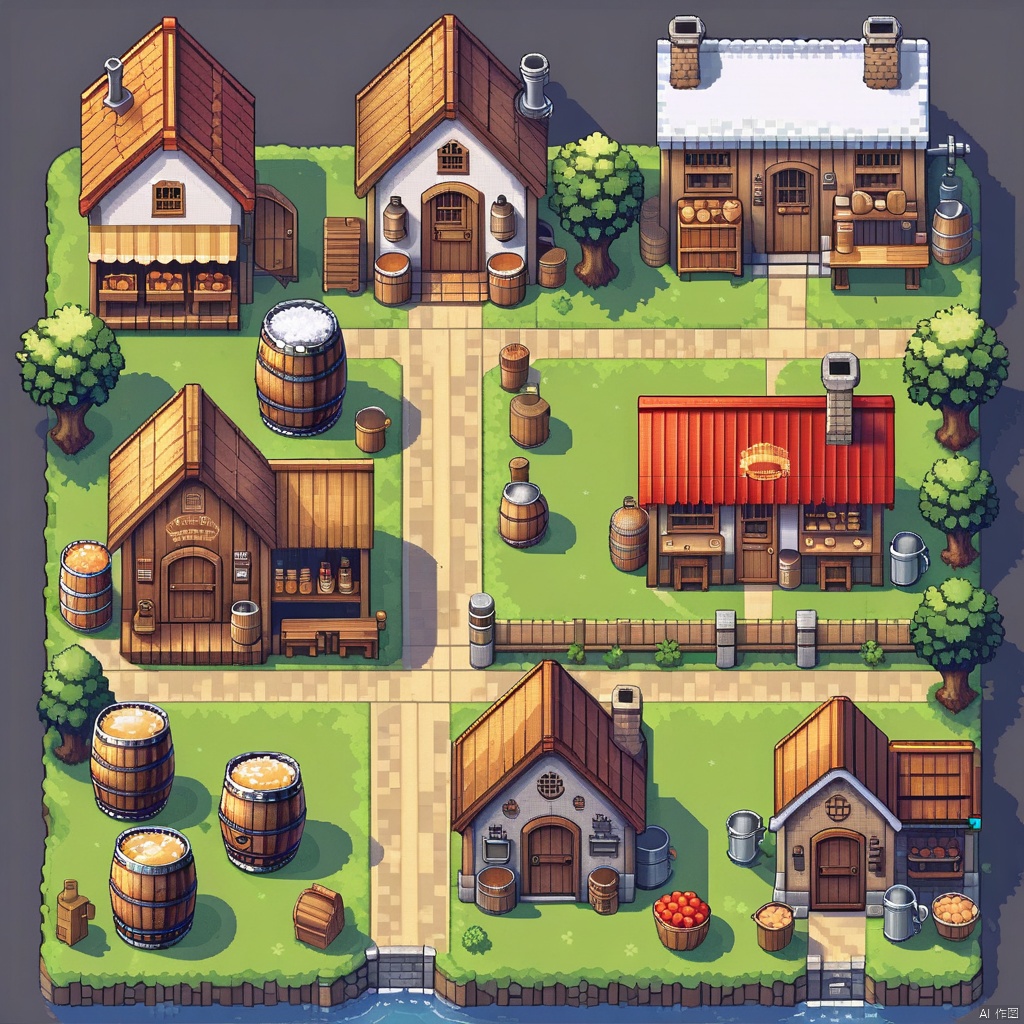  ,Abar_\(place\), barrel, beer_mug, bottle, commission, english_commentary, fence, grey_background, house, menu_board, no_humans, pixel_art, still_life, table