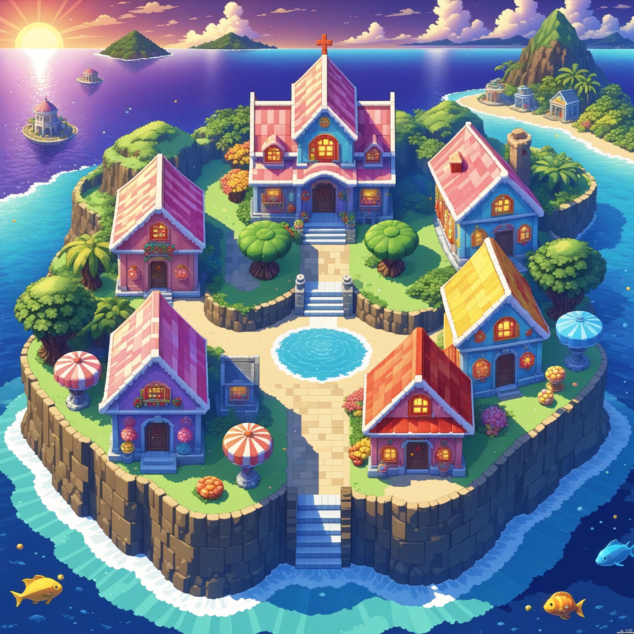  Neat house, a vibrant one, with all kinds of magical plants in glow, backdrop Pacific Ocean, illustrated, Masterpiece, best quality, HD, 3d, Candy House,, cartoon, high resolution, high quality, detailed, masterpiece, hdr, sharp, [pixel art style], [Abebe style], amazing, beautiful, amazing, amazing, brilliant, incredible,