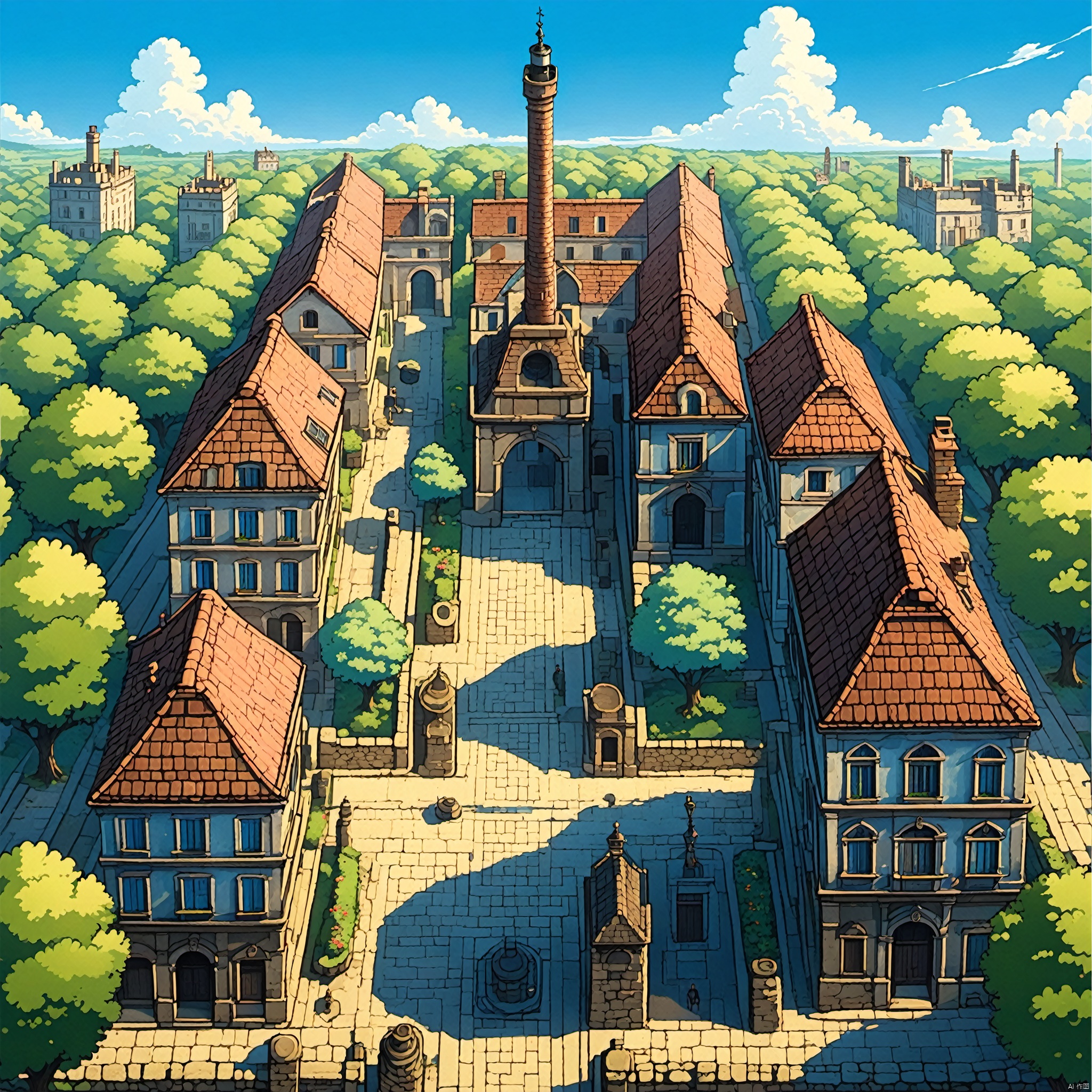 outdoors, sky, day, cloud, tree, blue sky, no humans, window, shadow, building, scenery, stairs, road, house, chimney