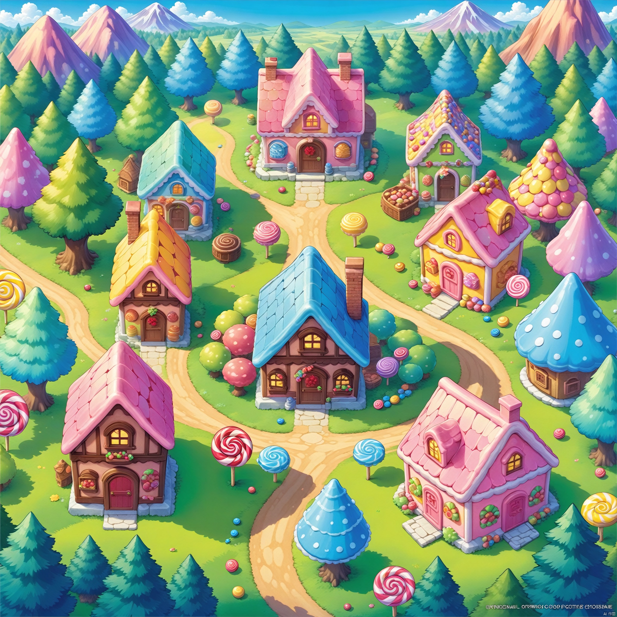  (((Masterpiece))),((Best Quality))),((official art,)),((from above:1.4)),(House, candy house:1.3),chocolate,lollipop,sweets,cookies,cakes,desserts,fairy tale world,(Forests, woods, trees, meadows:1.2),outdoors,day,(Colorful/candy color theme:1.2),