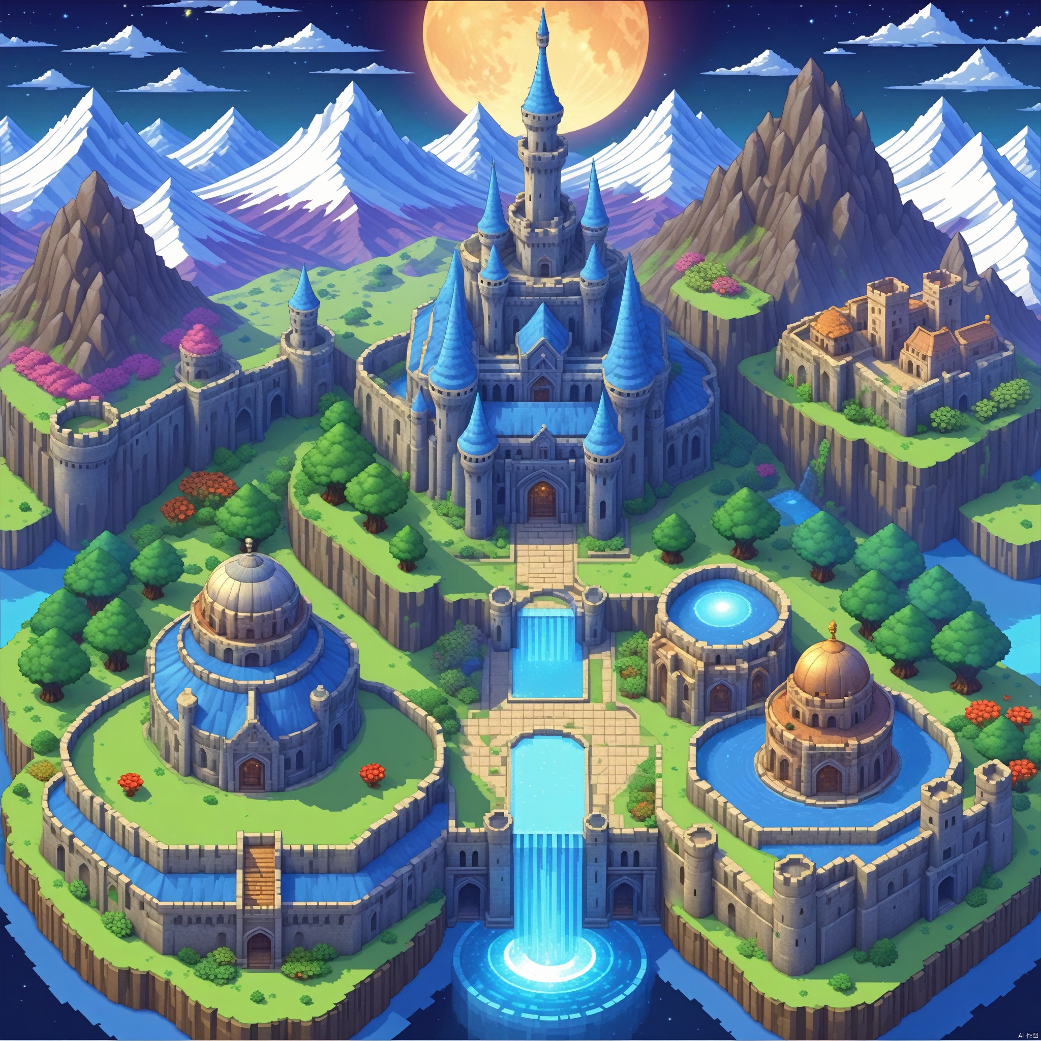High mountains, a vibrant one, with all kinds of magical plants glowing in the moonlight, with a castle in the background. , Illustrated, 3d, Cartoon, High resolution, High quality, Detailed, Masterpiece, hdr, Sharp, [Pixel art style], [Abebe style], amazing, beautiful, amazing, brilliant, incredible,
