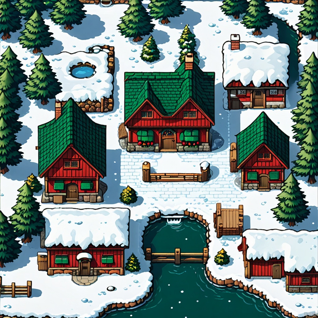 Outdoor, water, trees, no people, Windows, buildings, scenery, snow, snow, doors, house, chimney, HD, best quality, 16k