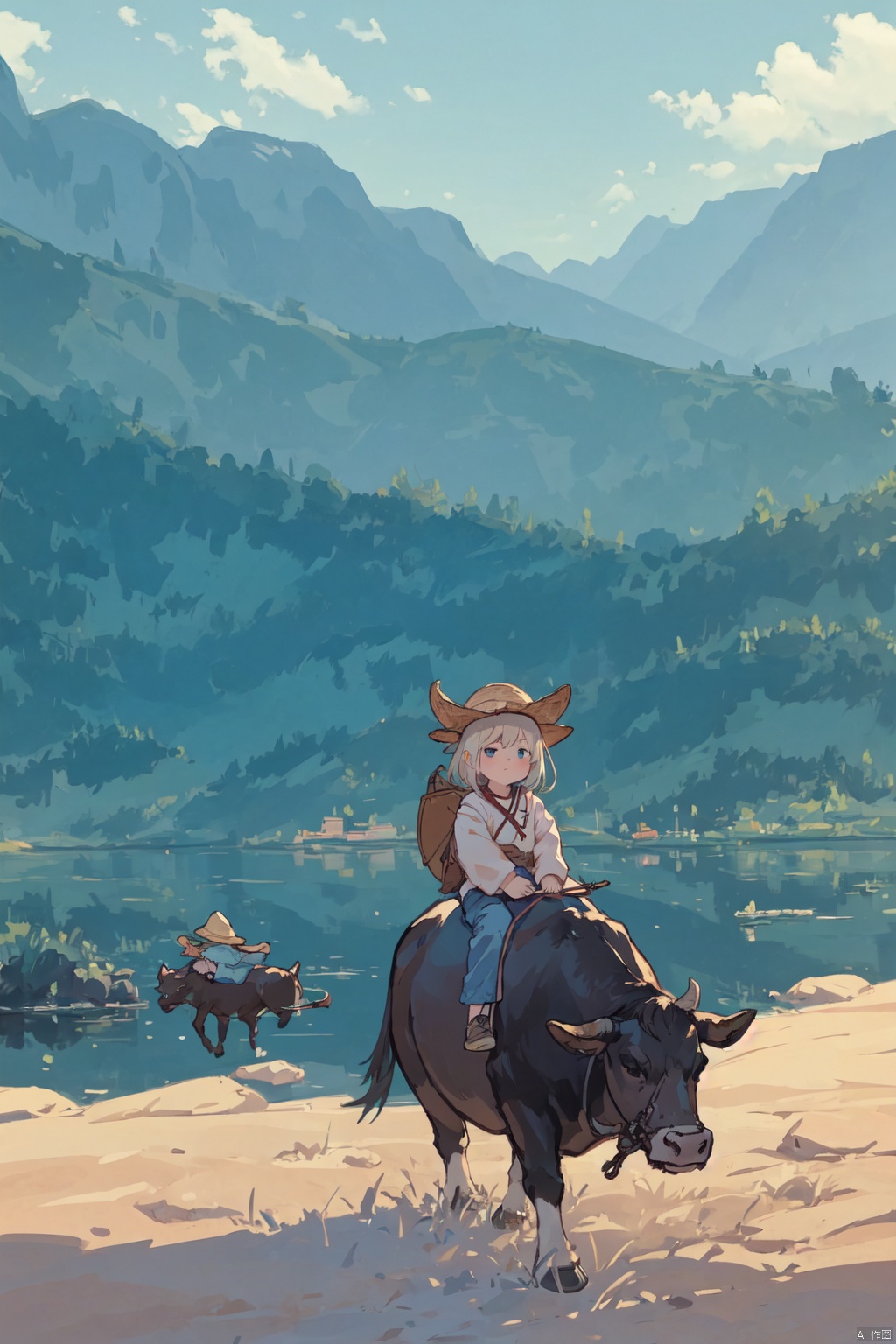 镜头质量：Bestquality,8k,(((masterpiece))),((bestquality)),
镜头位置：(full_body:1.2),
人物：
环境背景：
图像风格：
提示词：, A child on the back of a cow