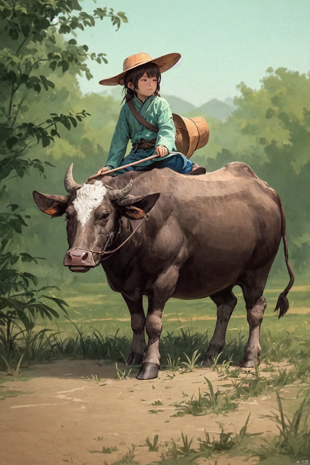 镜头质量：Bestquality,8k,(((masterpiece))),((bestquality)),
镜头位置：(full_body:1.2),
人物：
环境背景：
图像风格：
提示词：, A child on the back of a cow