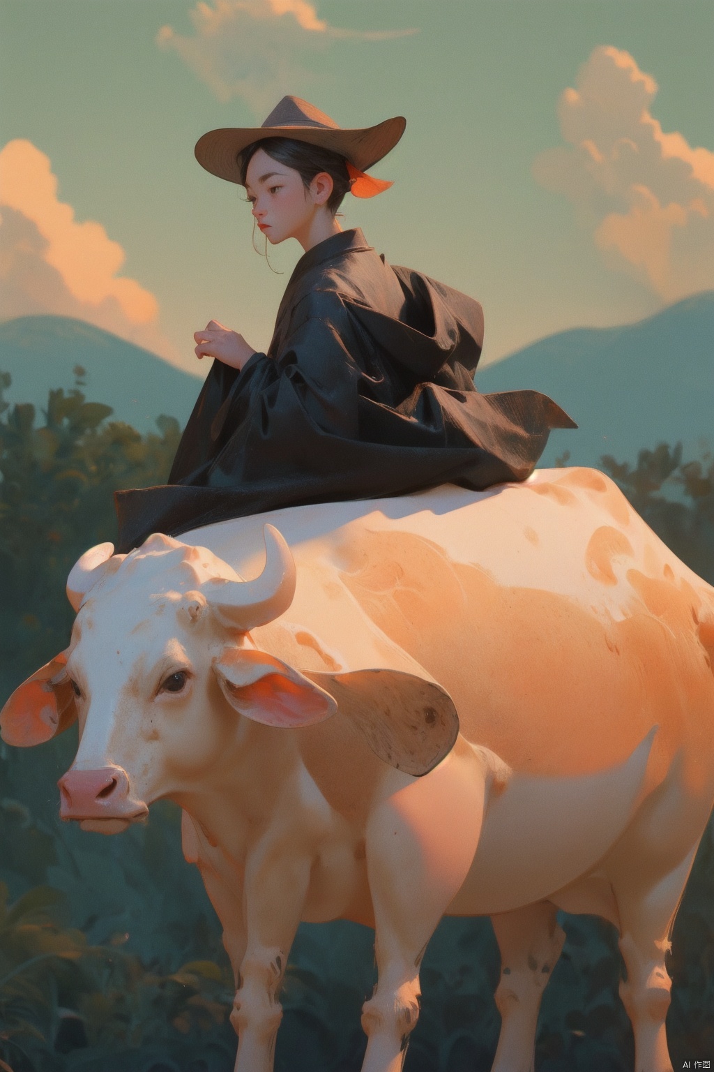 镜头质量：Bestquality,8k,(((masterpiece))),((bestquality)),
镜头位置：(full_body:1.2),
人物：
环境背景：
图像风格：
提示词：, A child on the back of a cow