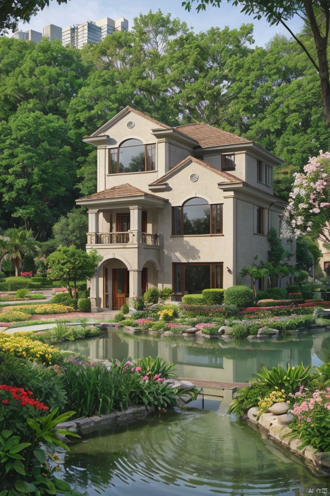  best quality, masterpiece, realistic, outdoors,
 ,house, ,window, 
water, ,tree,bush,cityscape,potted plant,flower, , ,nature,road,Extremely complex details


