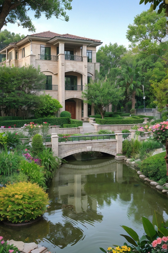  best quality, masterpiece, realistic, outdoors,
 ,house, ,window, 
water, ,tree,bush,cityscape,potted plant,flower, , ,nature,road


