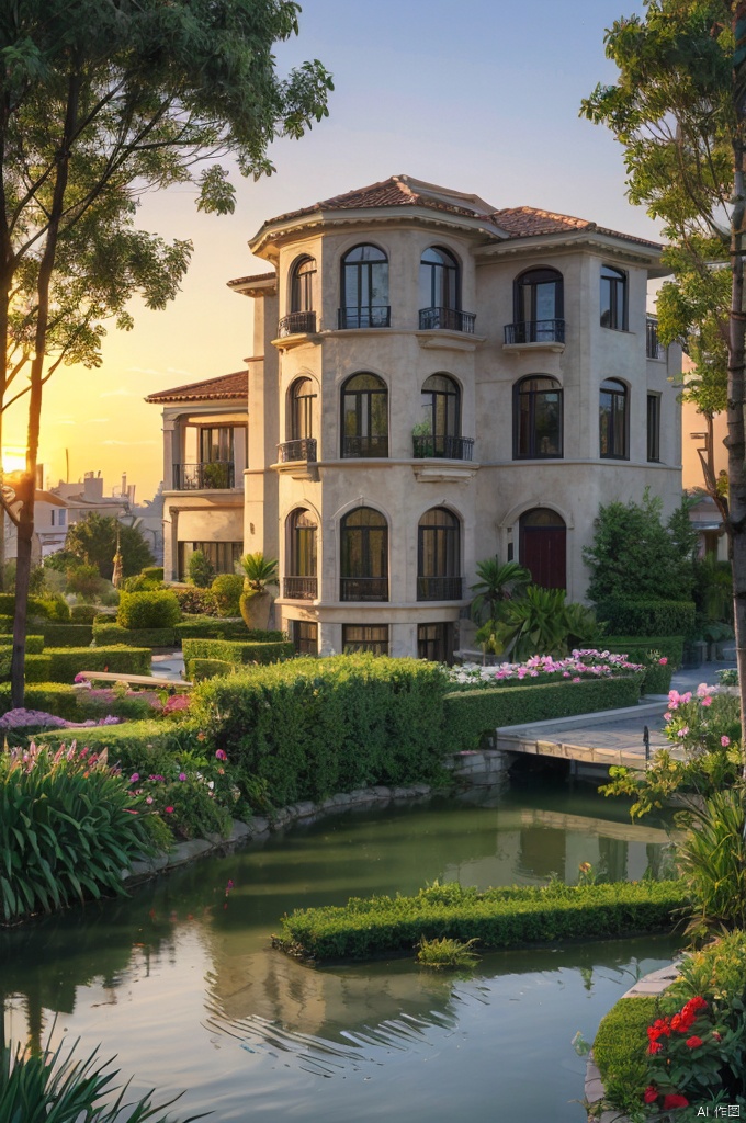  best quality, masterpiece, realistic, outdoors,
 ,house, ,window,Sunset,
water, ,tree,bush,cityscape,potted plant,flower, , ,nature,road

